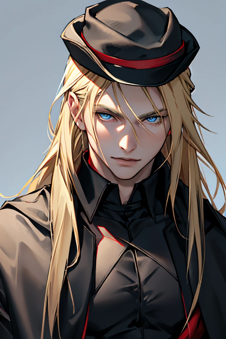 (Masterpiece, hiquality, Best Quality), (((solo))), Mature man,  (((blond length hair))), blue eyes, short blonde hair, ((pale skin)), blue eyes, color background, , black hat, black cape, (((red shirt))), Detailed outfit, Detailed