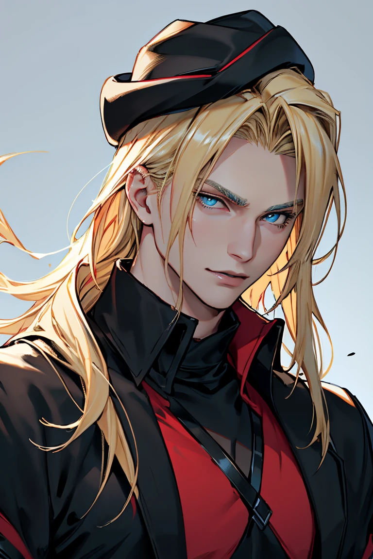 (Masterpiece, hiquality, Best Quality), (((solo))), Mature man,  (((blond length hair))), blue eyes, short blonde hair, ((pale skin)), blue eyes, color background, , black hat, black cape, (((red shirt))), Detailed outfit, Detailed