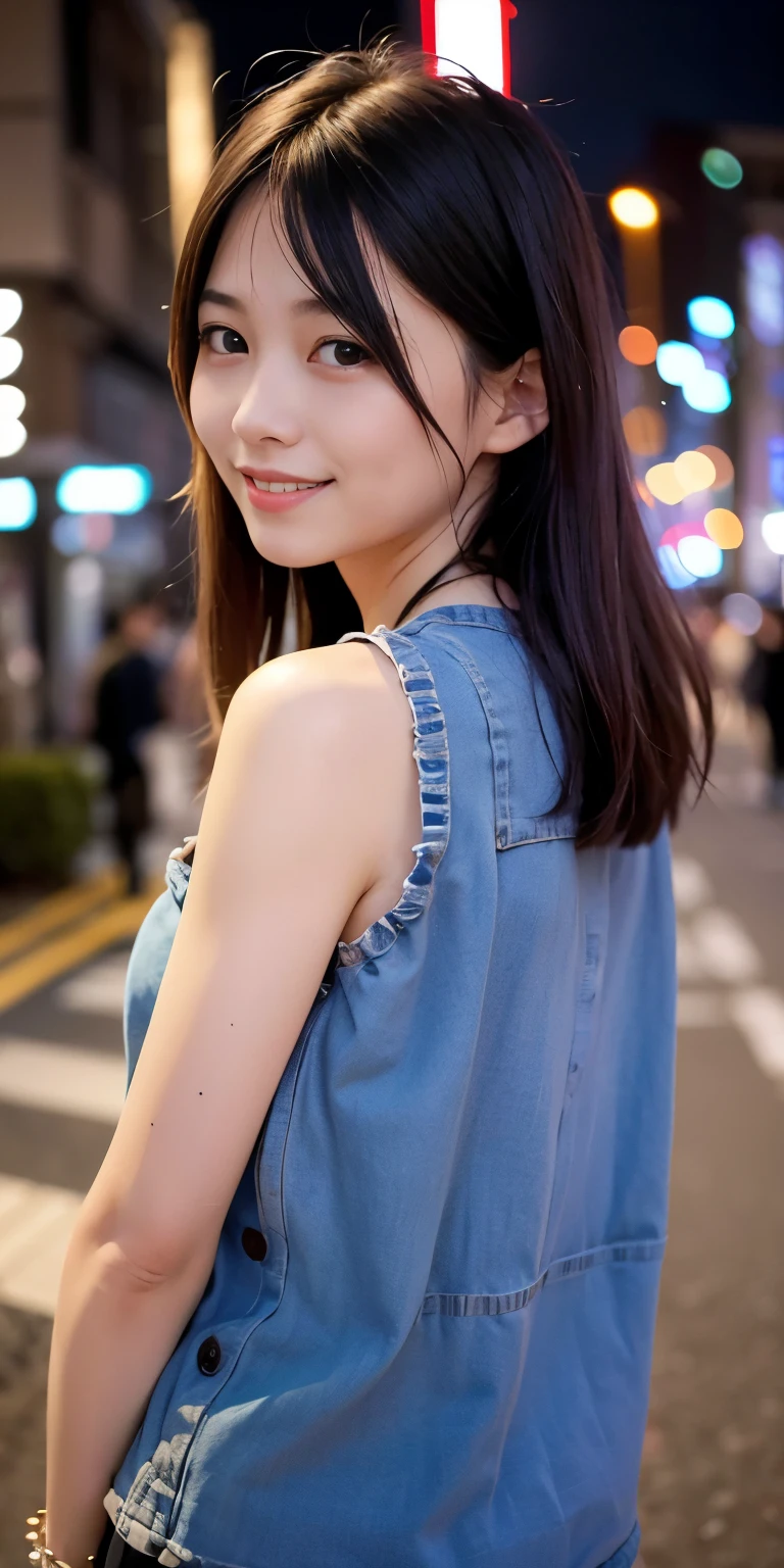 1 Girl, Tokyo Street,night, Streetscape,City lights,Upper Body,close,smile,, (8K, Raw photo, highest quality, masterpiece:1.2),(Realistic, photo-Realistic:1.37),
