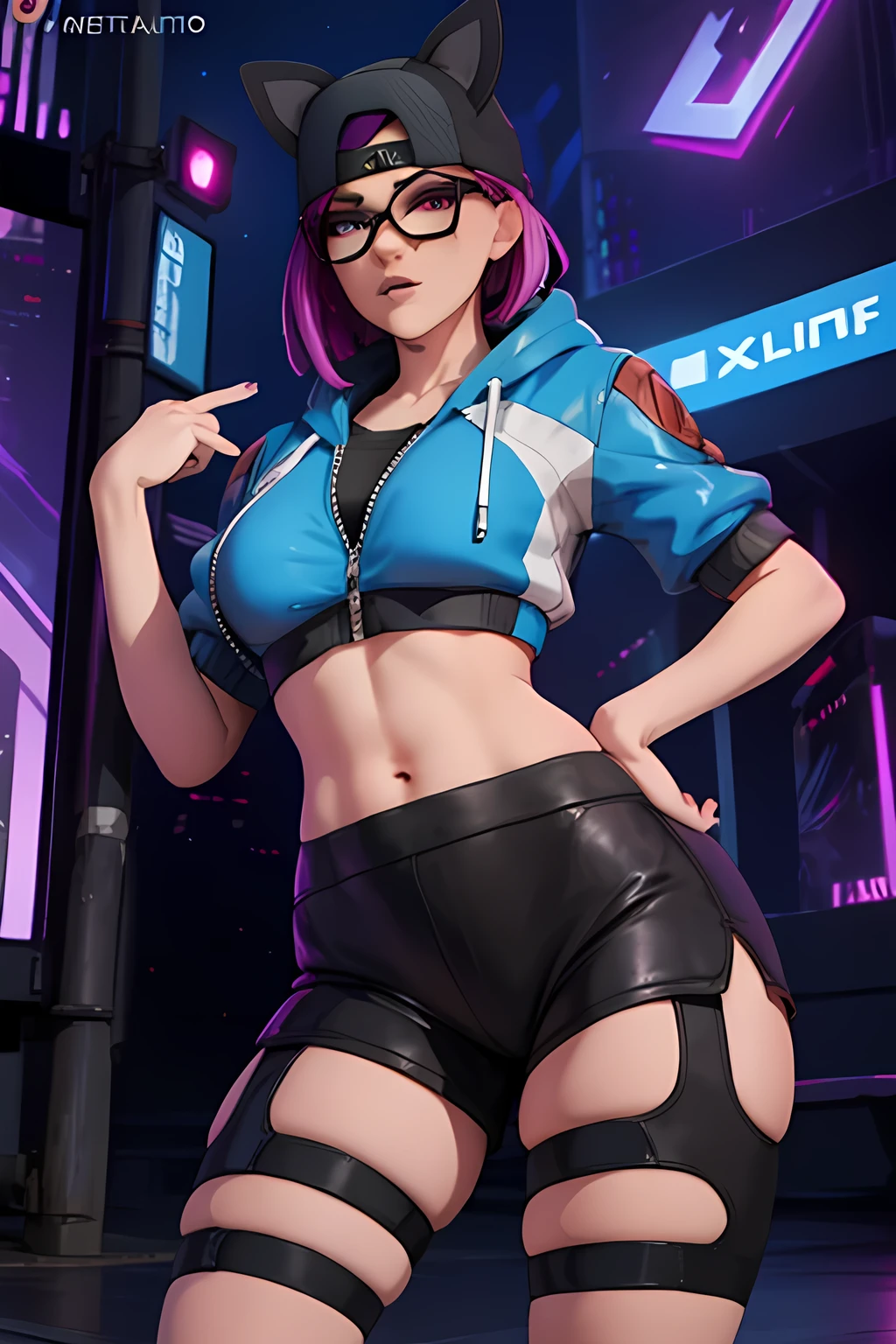 lince Cyberpunk , gorra , shorts negro con leggins Azul Marino, chaqueta azul marino ,Extremadamente detallado, rostro detallado, gafas ,hermoso rostro, ojos finos, mirando al espectador, pose femenino, Noche