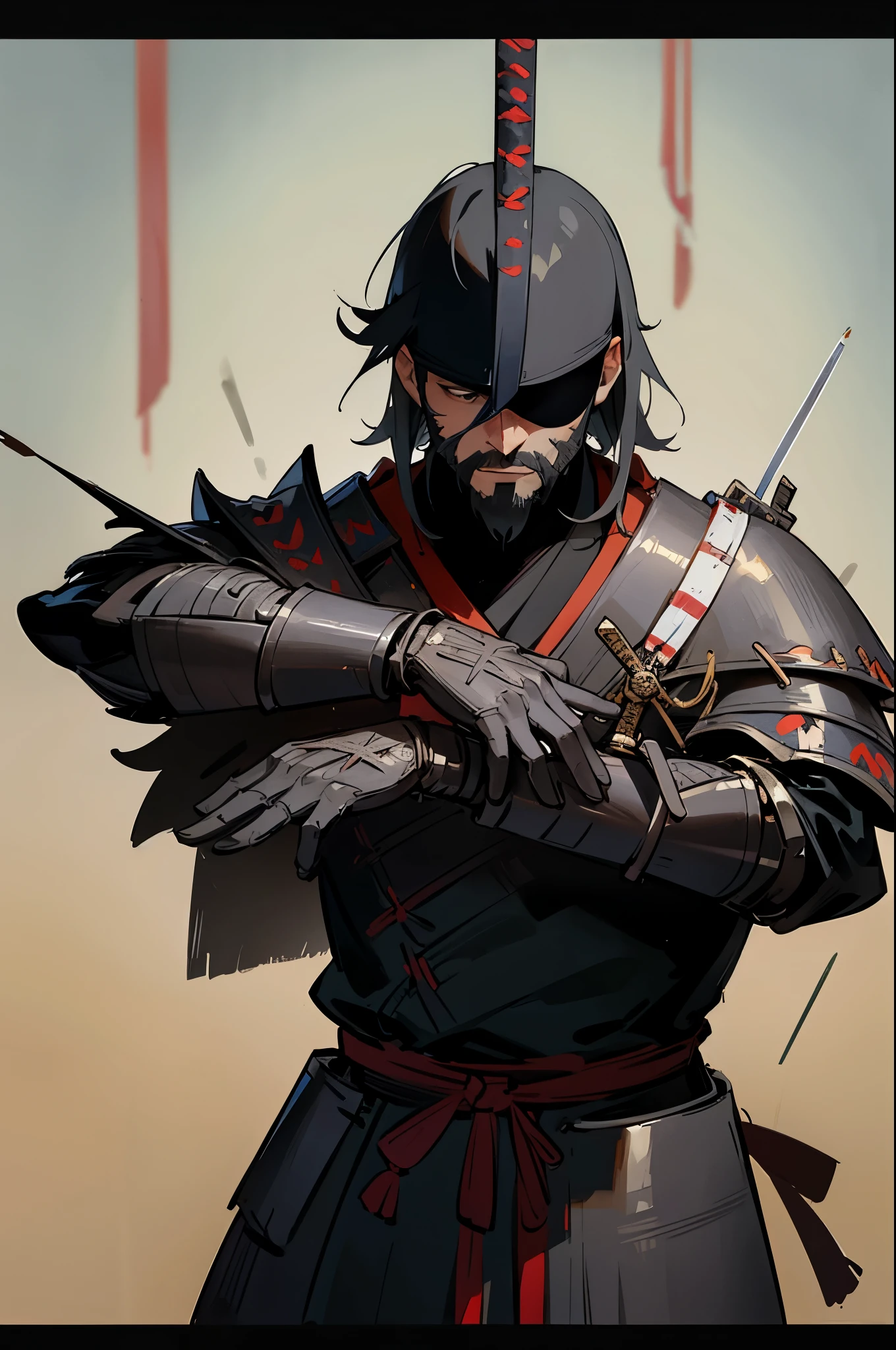 Felipe Ain as Samurai, Sword decoration, Black armor, shadowy, little beard,Blindfolded, Best quality, brutality