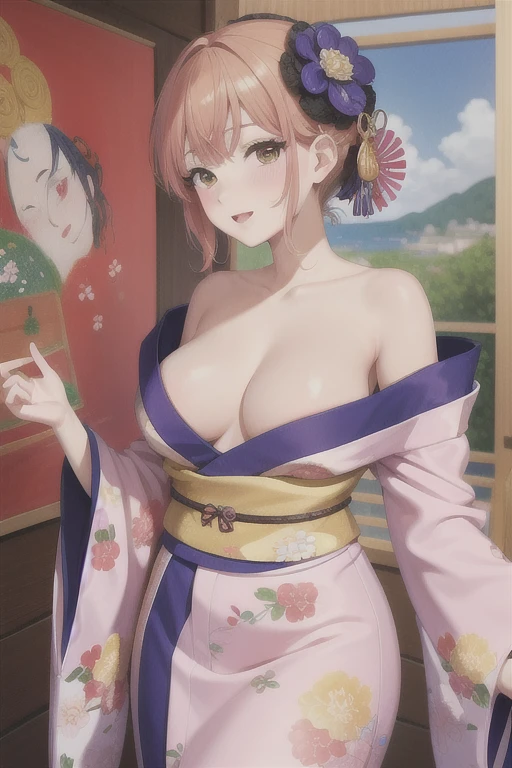 a Pierre Bonnard style painting, Une femme, 25 ans, mangas, cheveux longs, cheveux multicolores, aux seins nus, details, kimono multicolore, Masque Kabuki