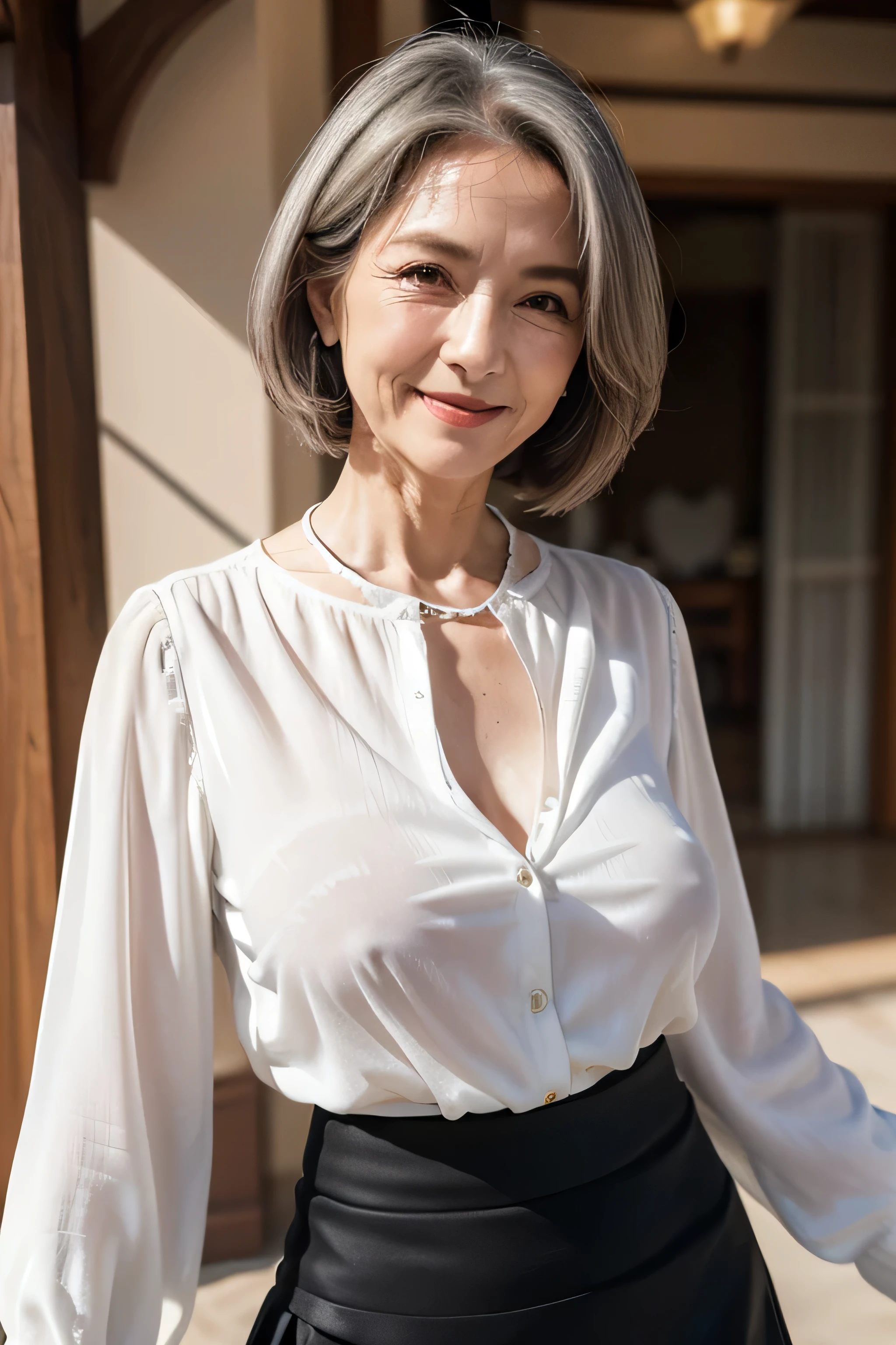 Masterpiece, high quality, ultra realistic, (65yo:1.3),female, bending forward,smile,(face wrinkles:1.4), (white blouse:1.4),(black skirt:1.4),(covered nipples:1.2), (cameltoe:1.1),first person view,(down blouse,:1.2),cyber town,gray hair,walk, Small breasts