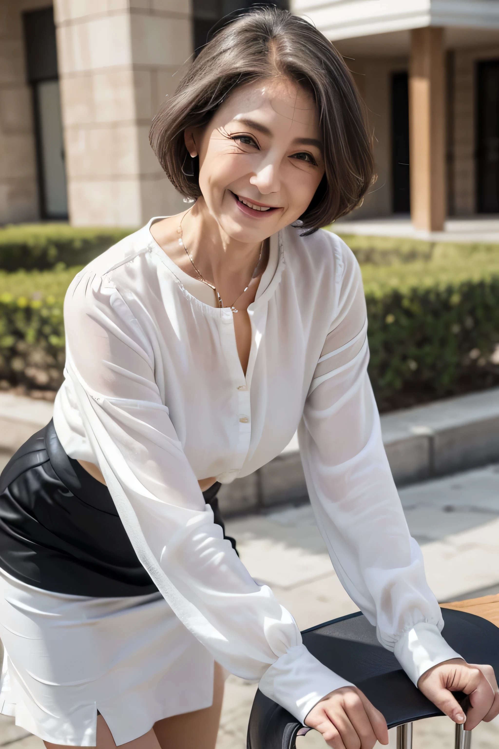Masterpiece, high quality, ultra realistic, (65yo:1.3),female, bending forward,smile,(face wrinkles:1.4), (white blouse:1.4),(black skirt:1.4),(covered nipples:1.2), (cameltoe:1.1),first person view,(down blouse,:1.2),cyber town,gray hair,walk, Small breasts