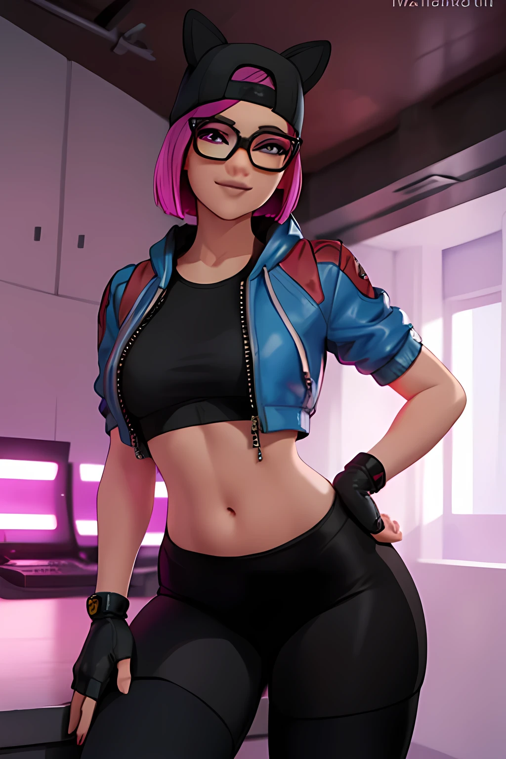 1 girl, (masterpiece), (best quality), standing, (solo), looking at viewer, high detailed,extremely detailed, fine eyes, smile,dynamic pose, short pink hair,cap,crop top, jacket,fingerless glove,curvy,glasses,(black leggings),(portrait:1.2),