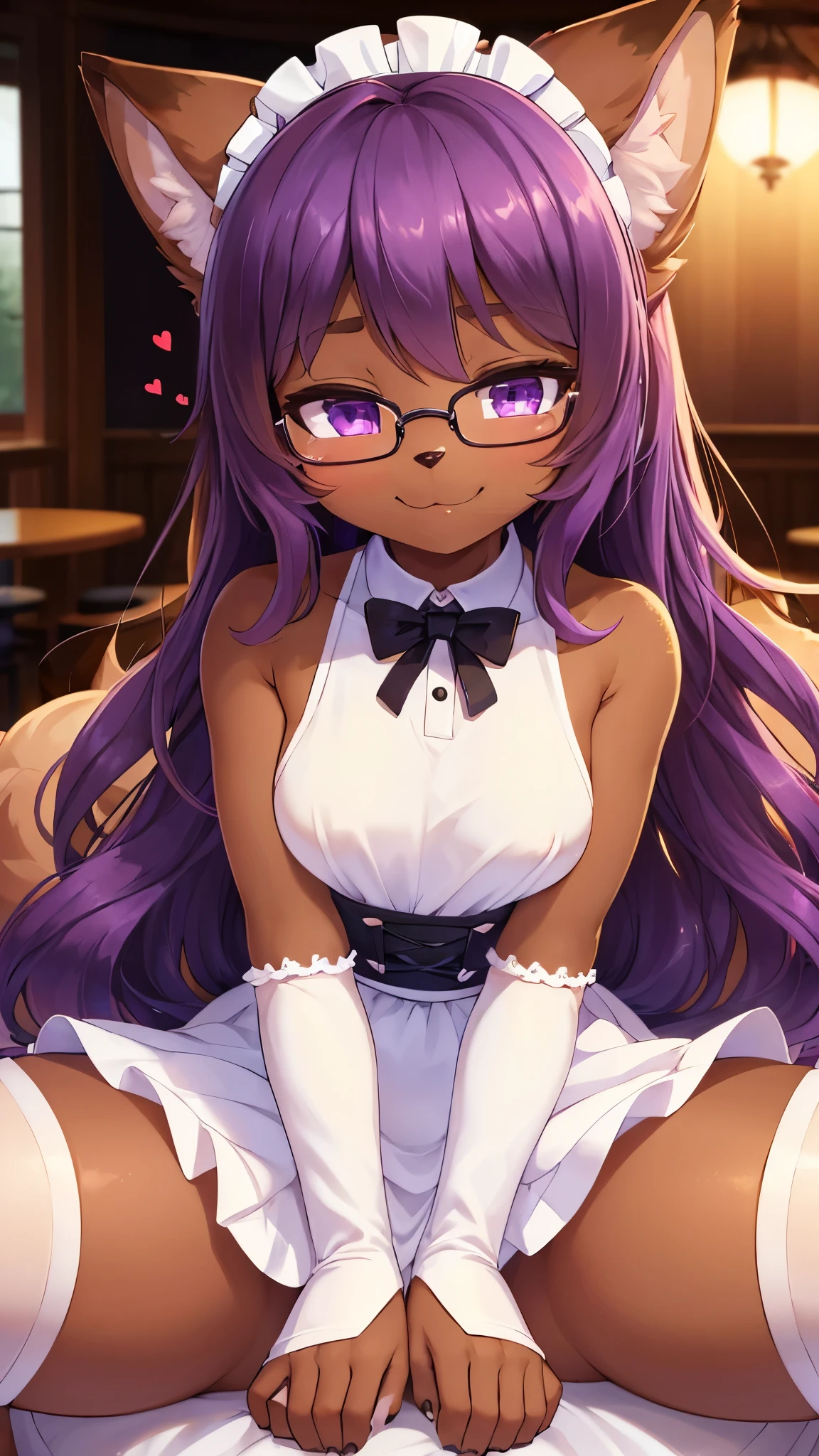 best quality,best resolution,(fluffy anthro furry :1.6),(young :1.8),(brown skin :1.6),cat girl,small breasts,purple hair,long hair,wavy hair,curvy hair,purple eyes,glistering eyes,sparkle eyes,huge circle glasses,maid outfit,maid headdress,maid gloves,ruffles,beautiful cafe,white light,looking at viewer,full face blush,seductive face,smile,close eyes,heart eyes,heart expression eyes,one eyes close,sexy pose,sitting,spread legs,hands at face