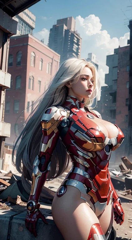 primitive, Masterpiece, ultra fine photos,, Best quality, Ultra-high resolution, Photorealistic, Sunlight, Full body portrait, stunningly beautiful,, dynamicposes, Delicate face, Vibrant eyes, (Side view) , she wears a futuristic Iron Man mecha, Red and gold color scheme, Highly detailed abandoned warehouse background, Detailed face, Detailed and complex busy background, Messy, Gorgeous, Milky white, Sexy design, highdetailskin, Realistic skin details, Visible pores , Sharp focus, volume fog, 8K UHD, SLR camera, High quality, filmgrain, Fair skin, Photorealism, DL, sprawling metropolis in futuristic dystopia, View from below, Translucent, (chubby:1.3), (huge breasts:1.2),