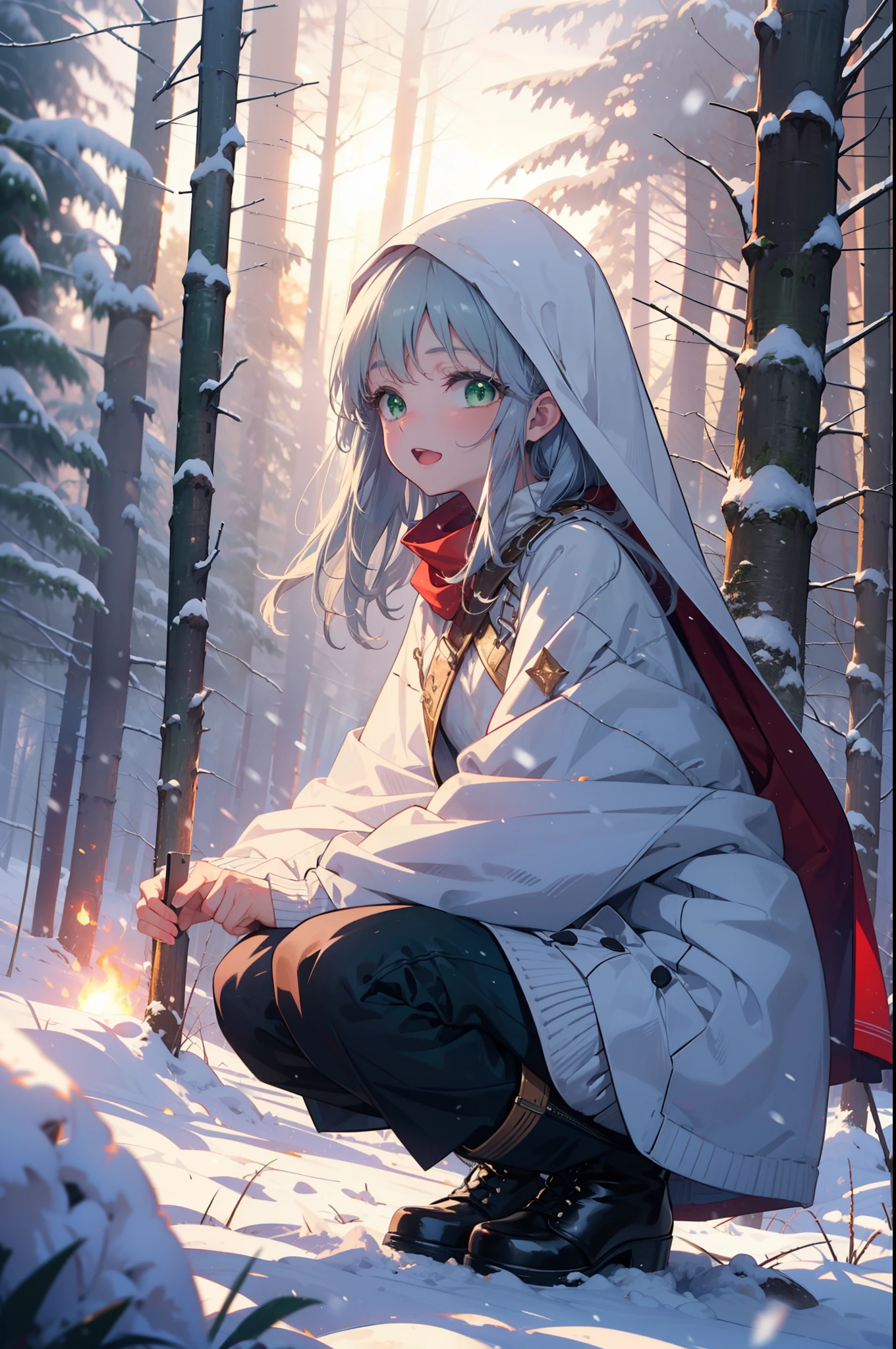 index, index, (Green Eyes:1.5), Silver Hair, Long Hair, (Flat Chest:1.2),happy smile, smile, Open your mouth,
Open your mouth,snow, fire, Outdoor, boots, snowing, From the side, wood, suitcase, Cape, Blurred, Food Up, forest, White handbag, nature, Squat, Mouth closed, フードed Cape, winter, Written boundary depth, Black shoes, red Cape break looking at viewer, Upper Body, whole body, break Outdoor, forest, nature, break (masterpiece:1.2), highest quality, High resolution, unity 8k wallpaper, (shape:0.8), (Beautiful and beautiful eyes:1.6), Highly detailed face, Perfect lighting, Extremely detailed CG, (Perfect hands, Perfect Anatomy),