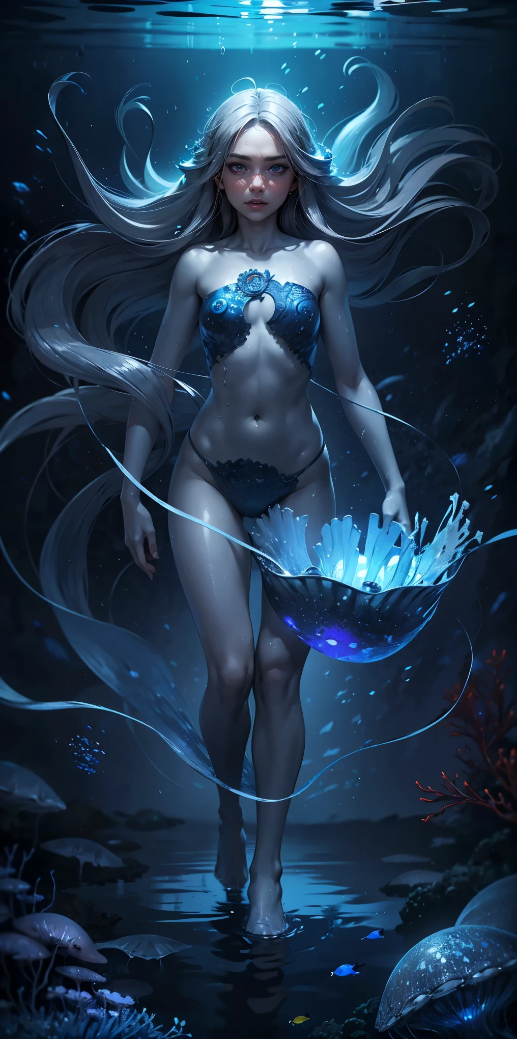 (muste piece), (best quality), very detailed, 1 girl, Solo Full Body Shot, perfect face, beautiful girl, very detailed顔，(long gray hair:1.5)，(blue eyes:1.4)，(float:1.4)，(in water:1.4)，seabed，bubble，School of small fish，Light，jellyfish，seaweed，Red fish，Yellow fish，deep sea，fantasy