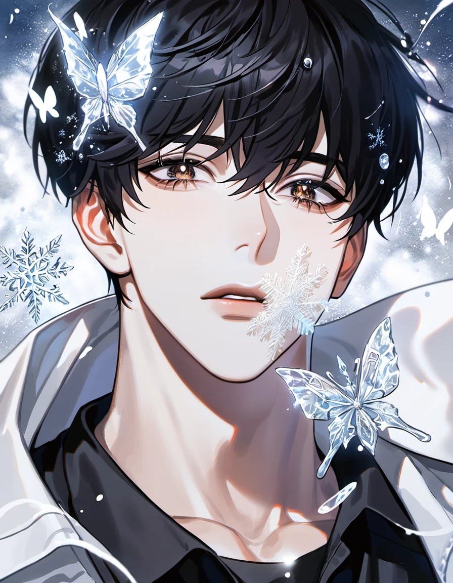 absurdres, highres, ultra detailed, HDR, masterpiece, delicate features, beautiful eyes, detailed eyes, Kim Dokja, omniscient reader's viewpoint, solo, man, handsome, expressive brown eyes, black hair, white coat, black shirt, moon, snowflakes, white butterflies, ice crystals