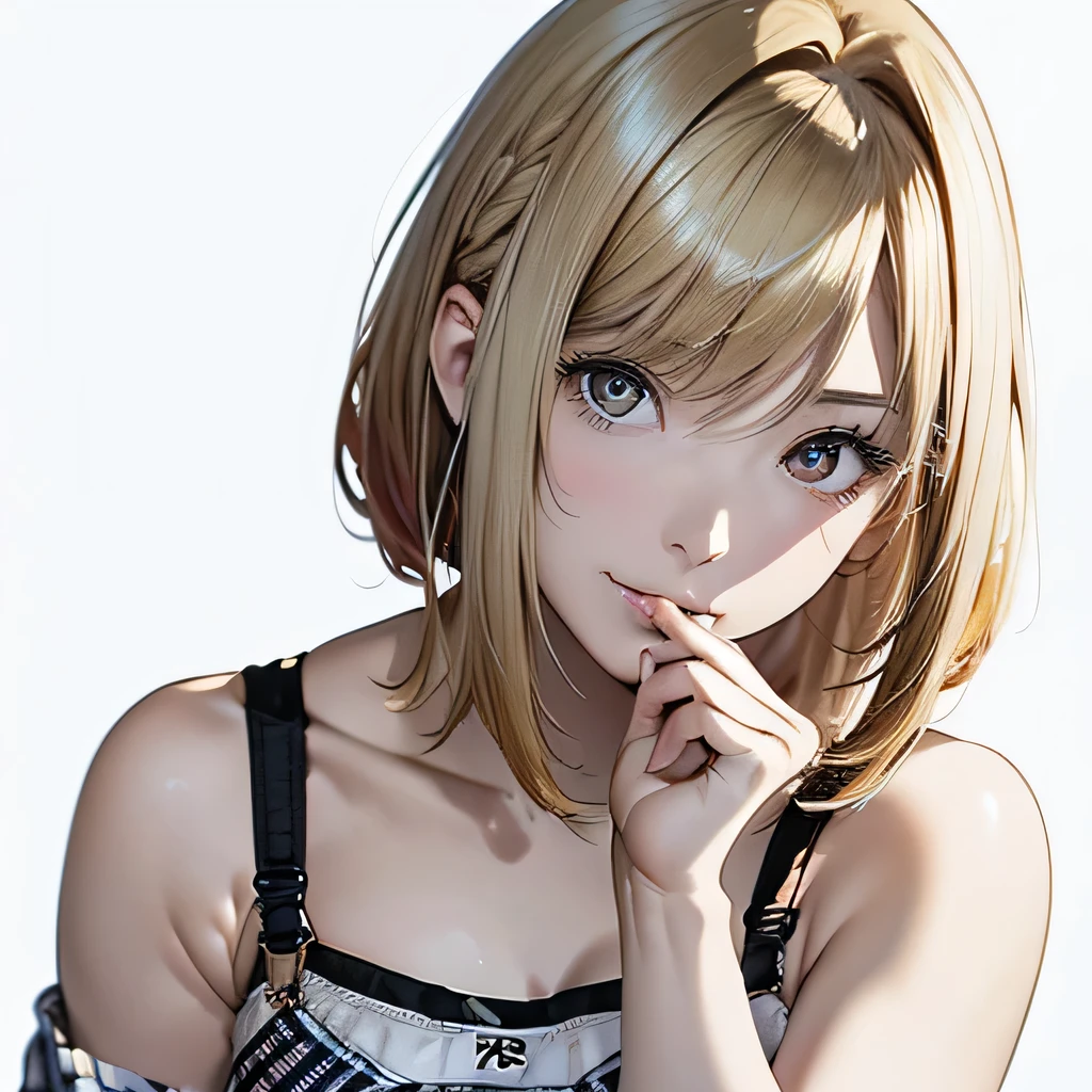 (Best Quality, 8K, Oil Painting, masutepiece:1.2), Ultra-detailed, (Realistic, Photorealistic:1.37), (((FULL BODYSHOT)))、(((Bright blonde hair)))、Vibrant colors, (((Sexy look)))、(((White and black tube top bra)))、(((Gingham plaid tube top bra)))、(((２０Women of a certain age)))、(((Slightly visible chest)))、 (((a blond)))、(((Shoulder-length bob hair)))、(((White background))), (((Put your hand on your mouth)))、(((Girly Hairstyles)))、(((bobhair)))、(((In front of a white wall)))、(((Erotic face)))、(((Nothing on the top of the head)))、
