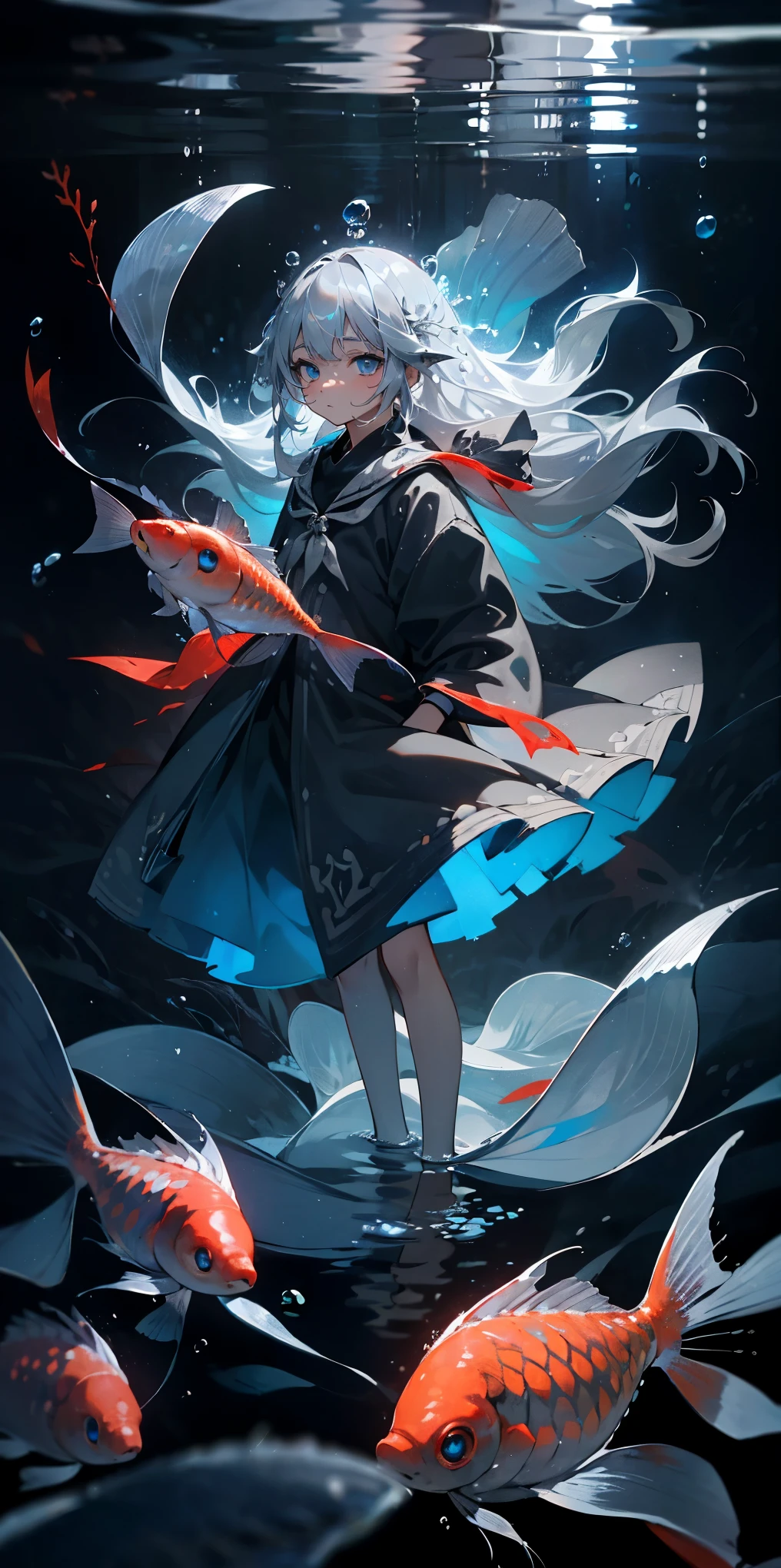 (muste piece), (best quality), very detailed, 1 girl, Solo Full Body Shot, perfect face, beautiful girl, very detailed顔，(long gray hair:1.5)，(blue eyes:1.4)，(float:1.4)，(in water:1.4)，seabed，bubble，School of small fish，Light，jellyfish，seaweed，Red fish，Yellow fish，deep sea，fantasy