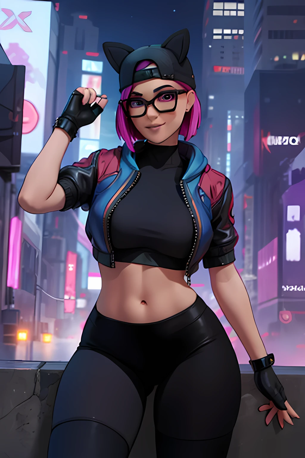 1 girl, (masterpiece), (best quality), cyberpunk Night,standing, (solo), looking at viewer, high detailed,extremely detailed, fine eyes, smile,dynamic pose, short pink hair,cap,crop top, jacket,fingerless glove,curvy,glasses,(black leggings),(portrait:1.2),