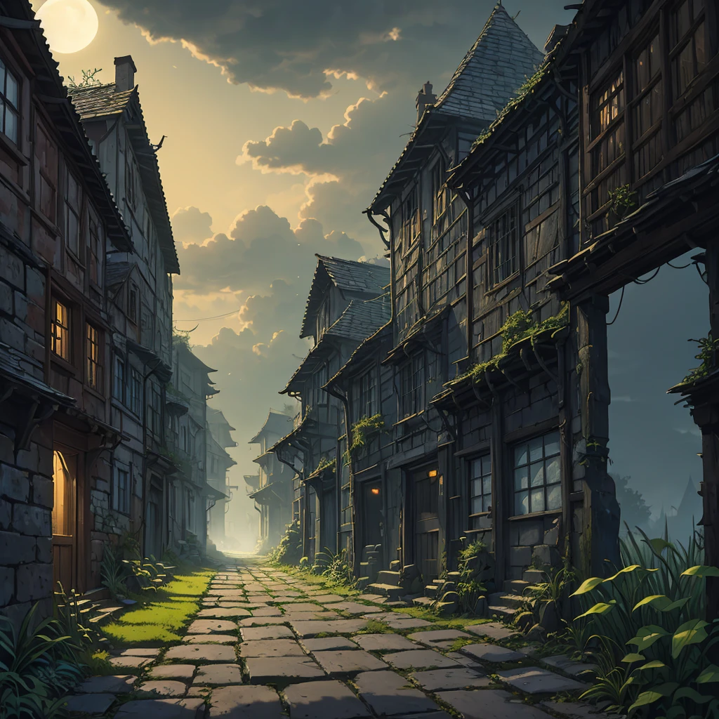 A narrow and gloomy alleyway in the heart of a medieval village. Moss-covered stone walls, draped with withered vines, rise like silent giants, blocking sunlight and creating an atmosphere of mystery and gloom. The only source of light comes from the moon, peeking shyly through the clouds, casting a faint silver glow on the uneven cobblestones.