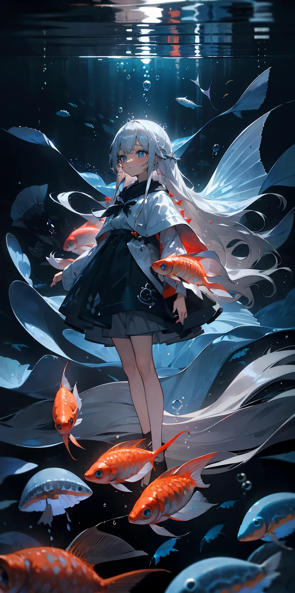 (muste piece), (best quality), very detailed, 1 girl, Solo Full Body Shot, perfect face, beautiful girl, very detailed顔，(long gray hair:1.5)，(blue eyes:1.4)，(float:1.4)，(in water:1.4)，seabed，bubble，School of small fish，Light，jellyfish，seaweed，Red fish，Yellow fish，deep sea，fantasy