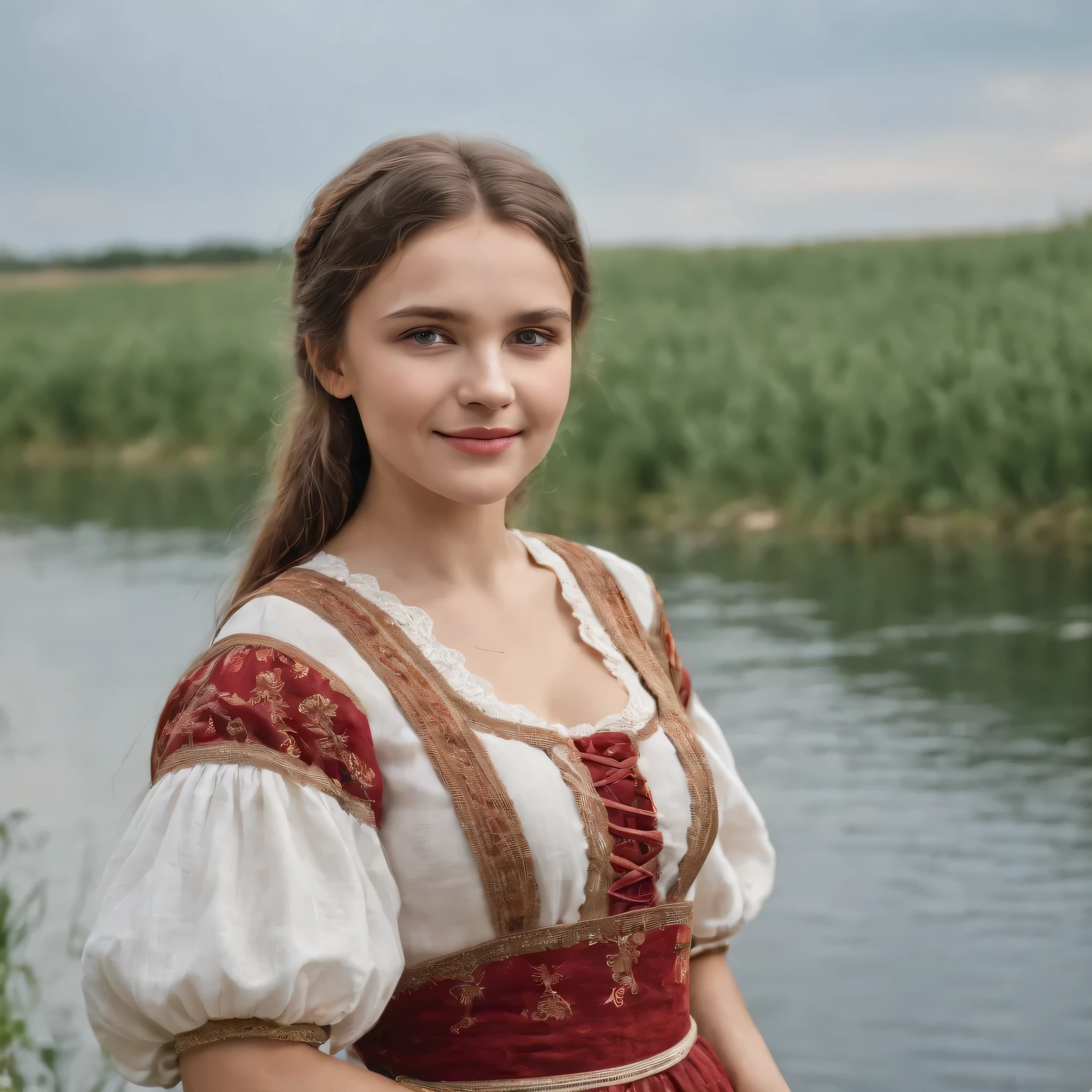 Best quality, 8K, realistic, photo, one Ukrainian girl, 18 years old, big breasts, best shape of body, in Russian traditional dress, facing camera, smile, sunny day, in a village,river