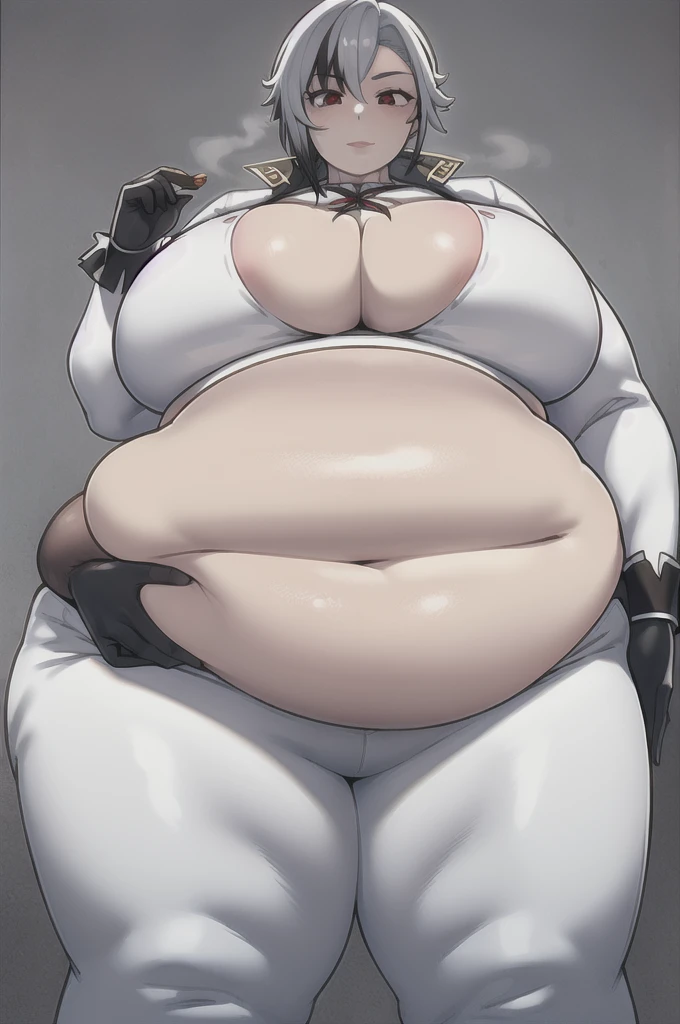 masterpiece,best quality, arlecchino \(genshin impact\),
1girl, grey hair,multicolored hair, short hair,red eyes,symbol-shaped pupils,black gloves, long sleeves, grey jacket,grey bodysuit, black pants,
cowboy shot, grey background, expressionless, chubby, ((massive tits)), smile, she has a jiggly fat round belly, (((massive fat thick unnatural belly))), (((oversized gigantic stomach))), sfw