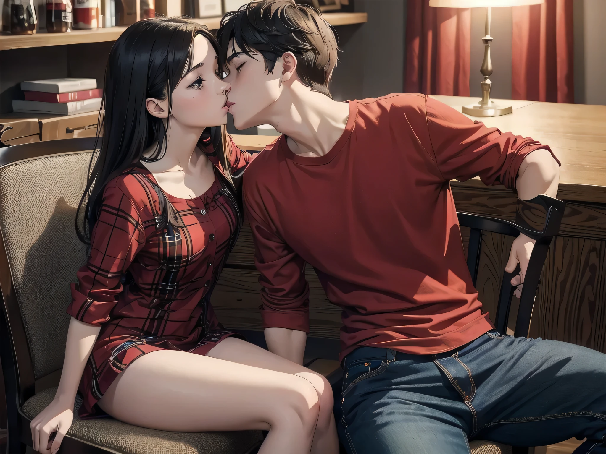 Young sexy girl wearing a red dress sitting on lap of young boy wearing a red and black flannel shirt and jeans who is sitting on a chair, kissing, making out, passionately, dim lighting, sexy, hot, lustful
