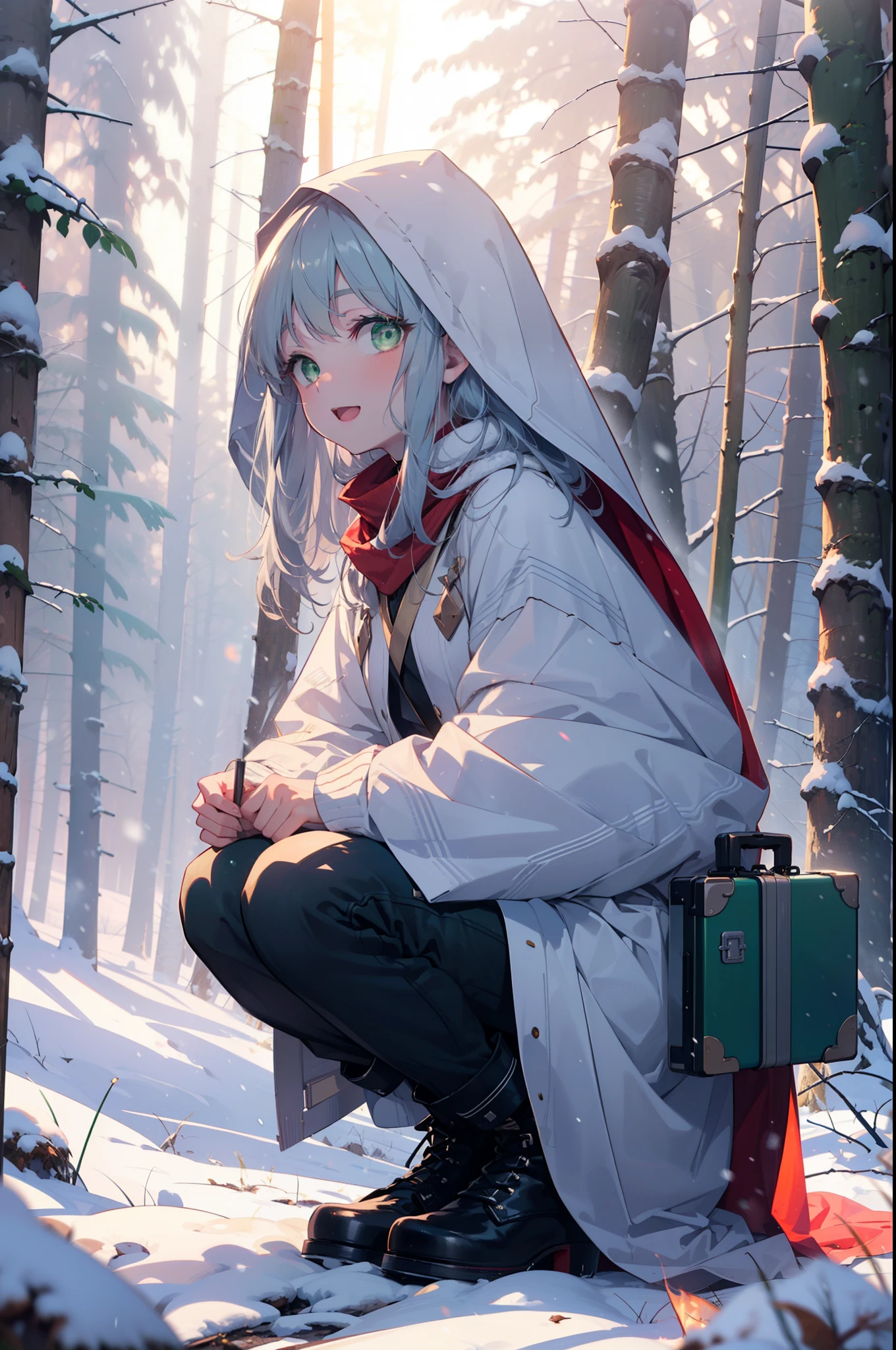 index, index, (Green Eyes:1.5), Silver Hair, Long Hair, (Flat Chest:1.2),happy smile, smile, Open your mouth,
Open your mouth,snow, fire, Outdoor, boots, snowing, From the side, wood, suitcase, Cape, Blurred, Food Up, forest, White handbag, nature, Squat, Mouth closed, フードed Cape, winter, Written boundary depth, Black shoes, red Cape break looking at viewer, Upper Body, whole body, break Outdoor, forest, nature, break (masterpiece:1.2), highest quality, High resolution, unity 8k wallpaper, (shape:0.8), (Beautiful and beautiful eyes:1.6), Highly detailed face, Perfect lighting, Extremely detailed CG, (Perfect hands, Perfect Anatomy),
