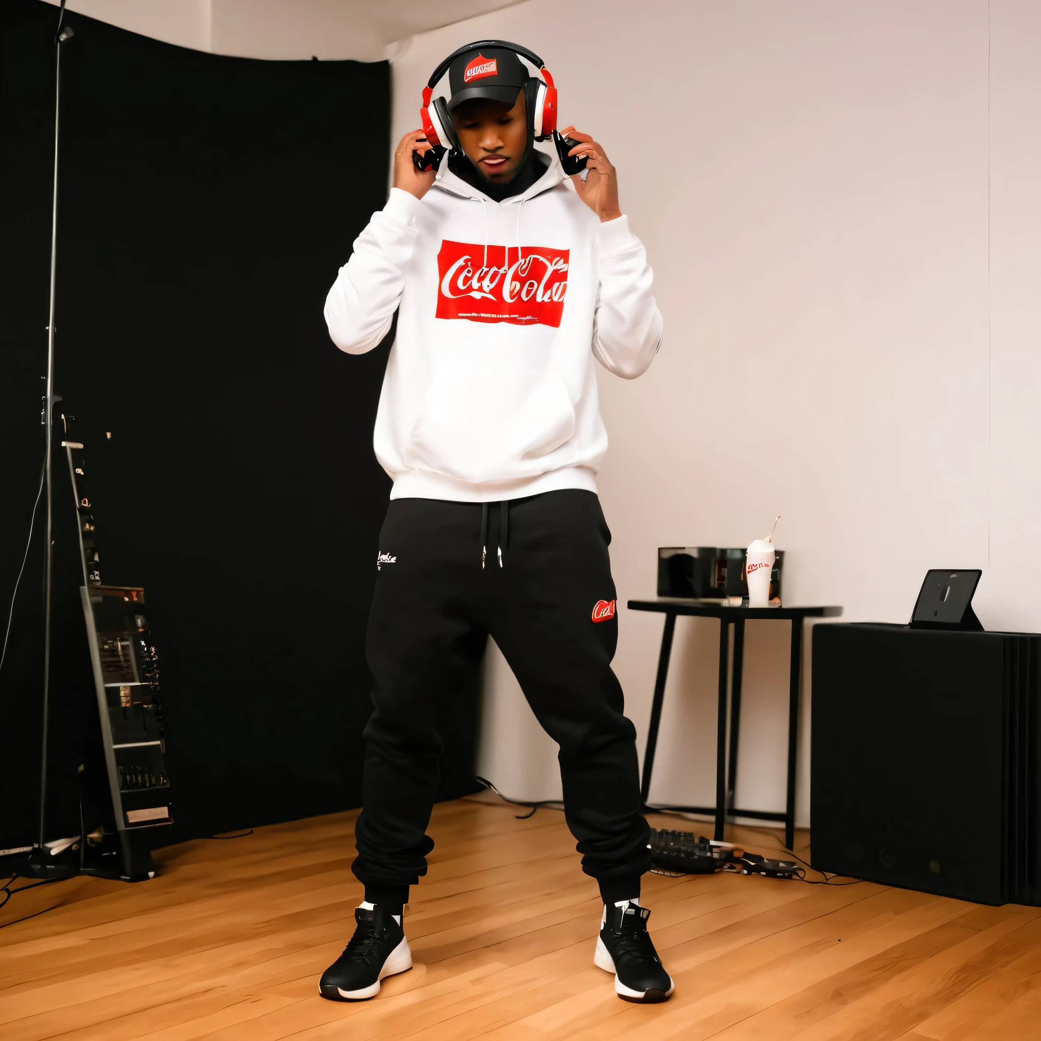 Black african American singer in a sinple recoding studio with headphones listening to his song, full body shot on iphone 7plus he is wearing black swaet pants and white hoodie covering his head with a Coca-Cola bottle image on the front, the subject is holding a styrofoam cup as he listens 
