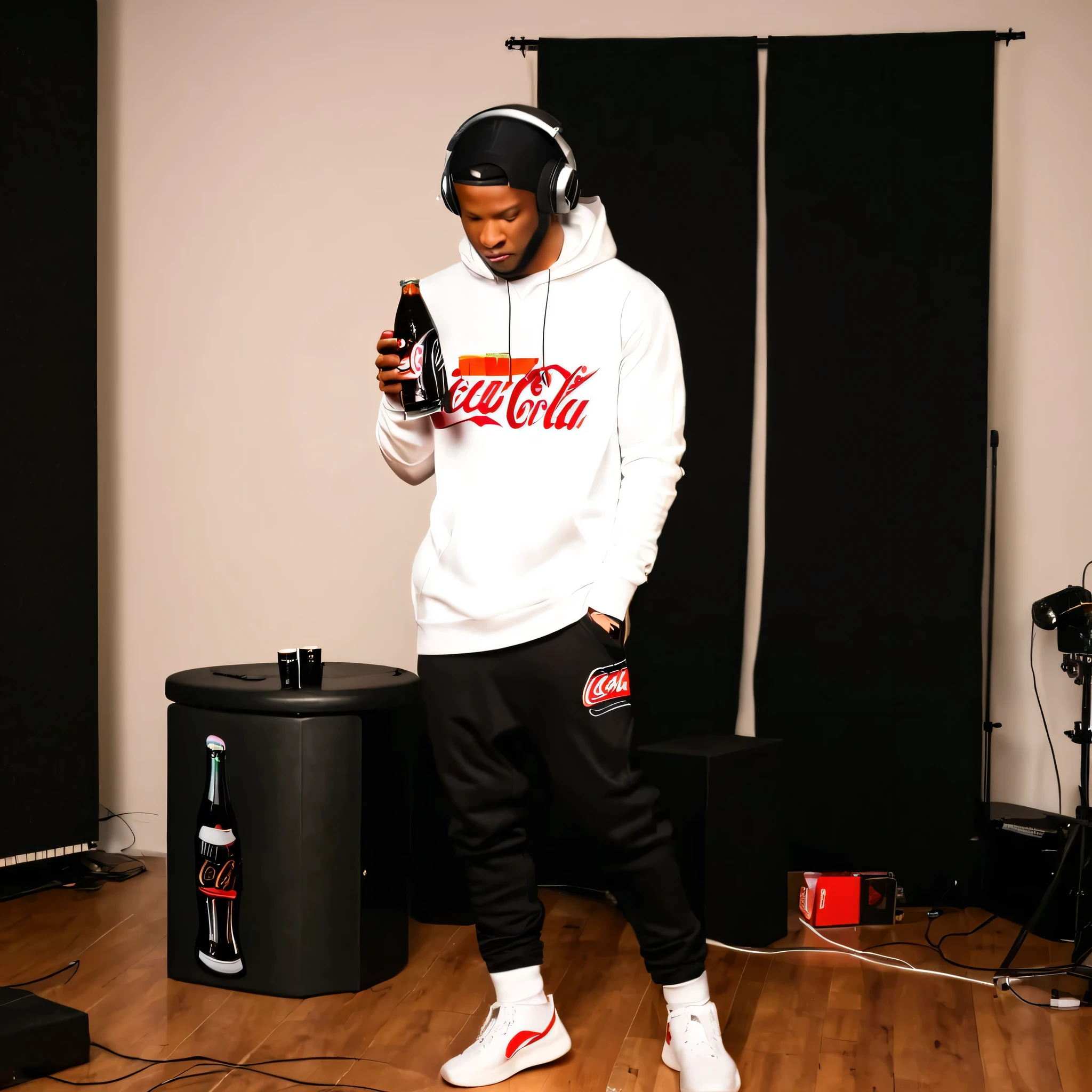 Black african American singer in a sinple recoding studio with headphones listening to his song, full body shot on iphone 7plus he is wearing black swaet pants and white hoodie covering his head with a Coca-Cola bottle image on the front, the subject is holding a styrofoam cup as he listens