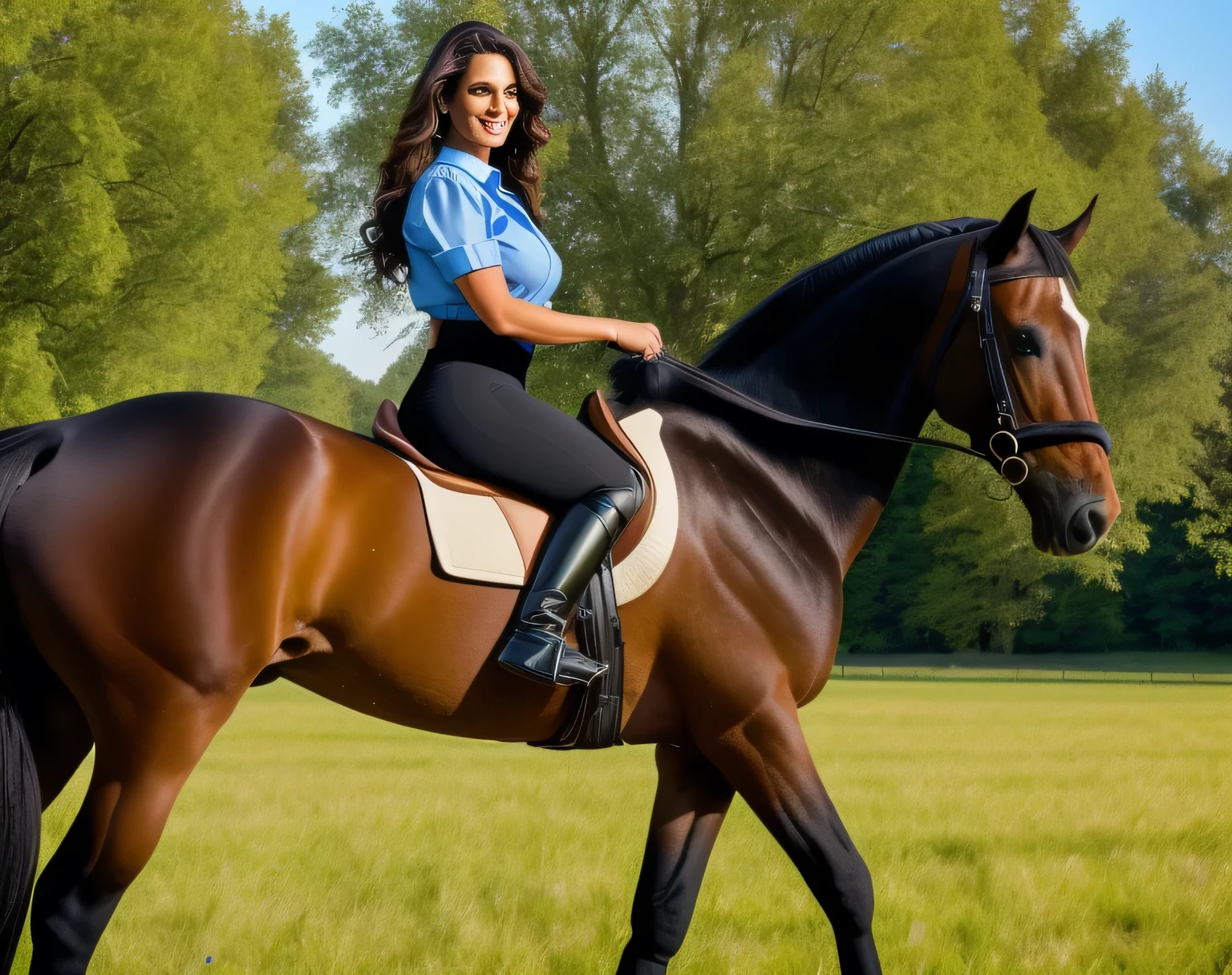 woman sitting on a horse in a field with trees in the background, riding a horse, on horseback, riding a horse, riding a horse, 👰 🏇 ❌ 🍃, with horse led, having fun, riding a prancing horse, profile picture, riding a black horse, shapely woman, adult woman, detailed body, beautiful face, full body, full photo, tanned supermodel, beautiful eyes, perfect face, medium breasts, 39 year old woman, big hips, HDR, well lit, photoreal , detailed hands, realistic hands, 5 fingers per hand, solo, dark hair, gray blouse with blue collars, black shorts, Full body photo, clear and high quality photo. Beautiful woman, extremely sexy, very sensual. Masterpiece: 1.3, high resolution, (photographically realistic), 8k, NUDE, NUDITY, NFSW