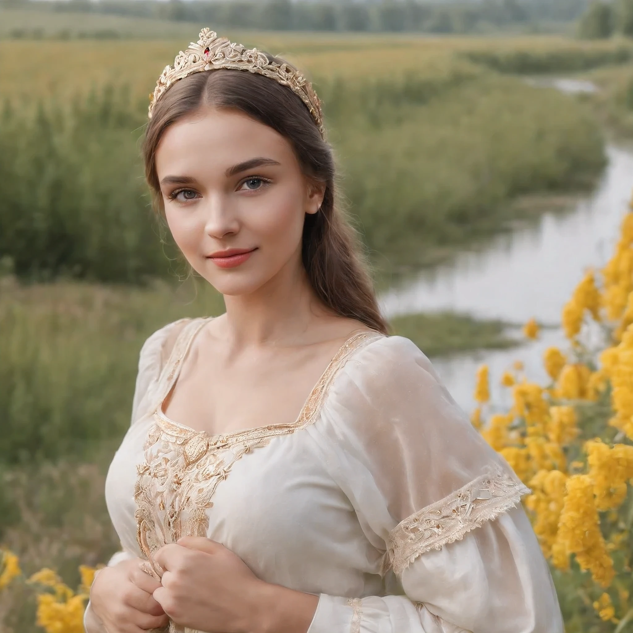 Best quality, 8K, realistic, photo, one Ukrainian girl, 18 years old, big breasts, best shape of body, in Russian traditional dress, facing camera, smile, sunny day, in a village,river