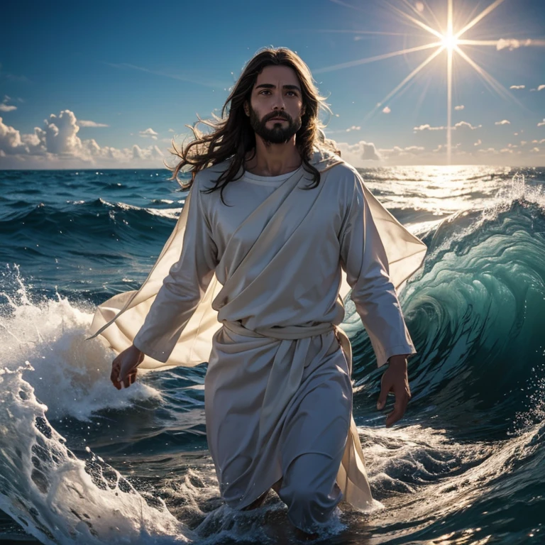 Jesus coming down from sky, daylight, shining waves,
