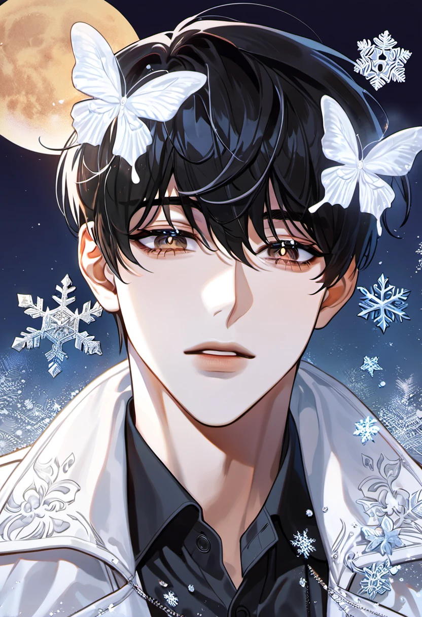 absurdres, highres, ultra detailed, HDR, masterpiece, delicate features, beautiful eyes, detailed eyes, Kim Dokja, omniscient reader's viewpoint, solo, man, handsome, expressive brown eyes, black hair, white coat, black shirt, moon, snowflakes, white butterflies, ice crystals
