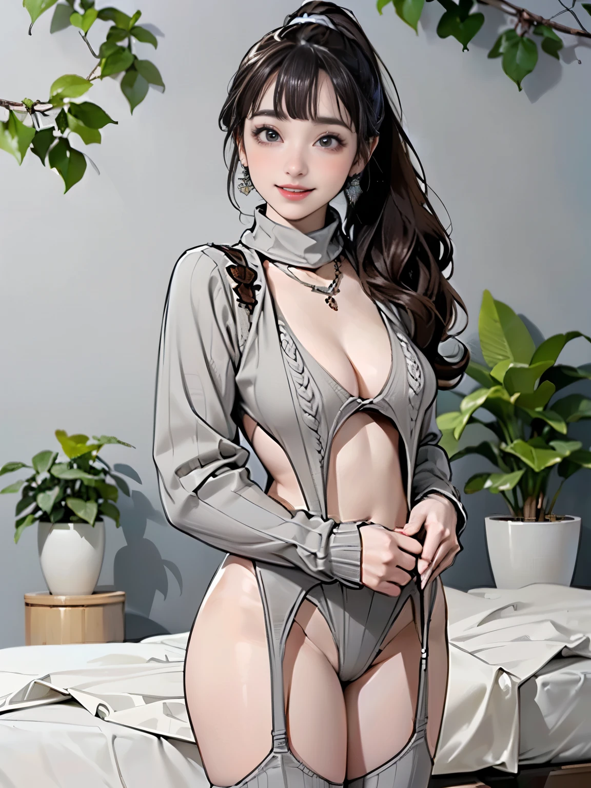 ((((highest quality))))、(((Ultra-precision CG16K wallpaper)))、(((masterpiece)))、(((Super detailed)))、(((Extreme detail)))、((1Mature 32 year old woman:1.8))、((Very beautiful Japanese faces))、((Shiraishi Mai:1.5))、((Soft Wave Ponytail Long Hair、blunt bangs:1.5))、(Shiny brown hair)、Beautiful delicate eyes、eyeliner、eye shadow、Brown eyes、High nose、Small nostrils、Small Mouth、Seductive lips、Beautiful breasts、((C cup size breasts))、Cleavage、Voluptuous body、Perfect proportions、Perfect Anatomy、Perfect composition、Beautiful detailed shading、Beautiful, natural lighting、Beautiful detail glow、Depth of written boundary、(((High chroma)))、(((Real:1.9)))、((vivid:1.5))、((Beautiful Skin))、((Skin Texture))、((Realな皮膚感))、(((Cowboy Shot:1.6)))、((Front view、Front low angle:1.6))、((Shy laugh:1.3))、(Woman is facing the front:1.5)、Bright daylight、Natural light、(((background_room with bed、Foliage plant:1.5)))、(Standing pose:1.5)、(((Light grey virgin killer sweater:1.6)))、((Earrings、Wearing a necklace:1.3))、
