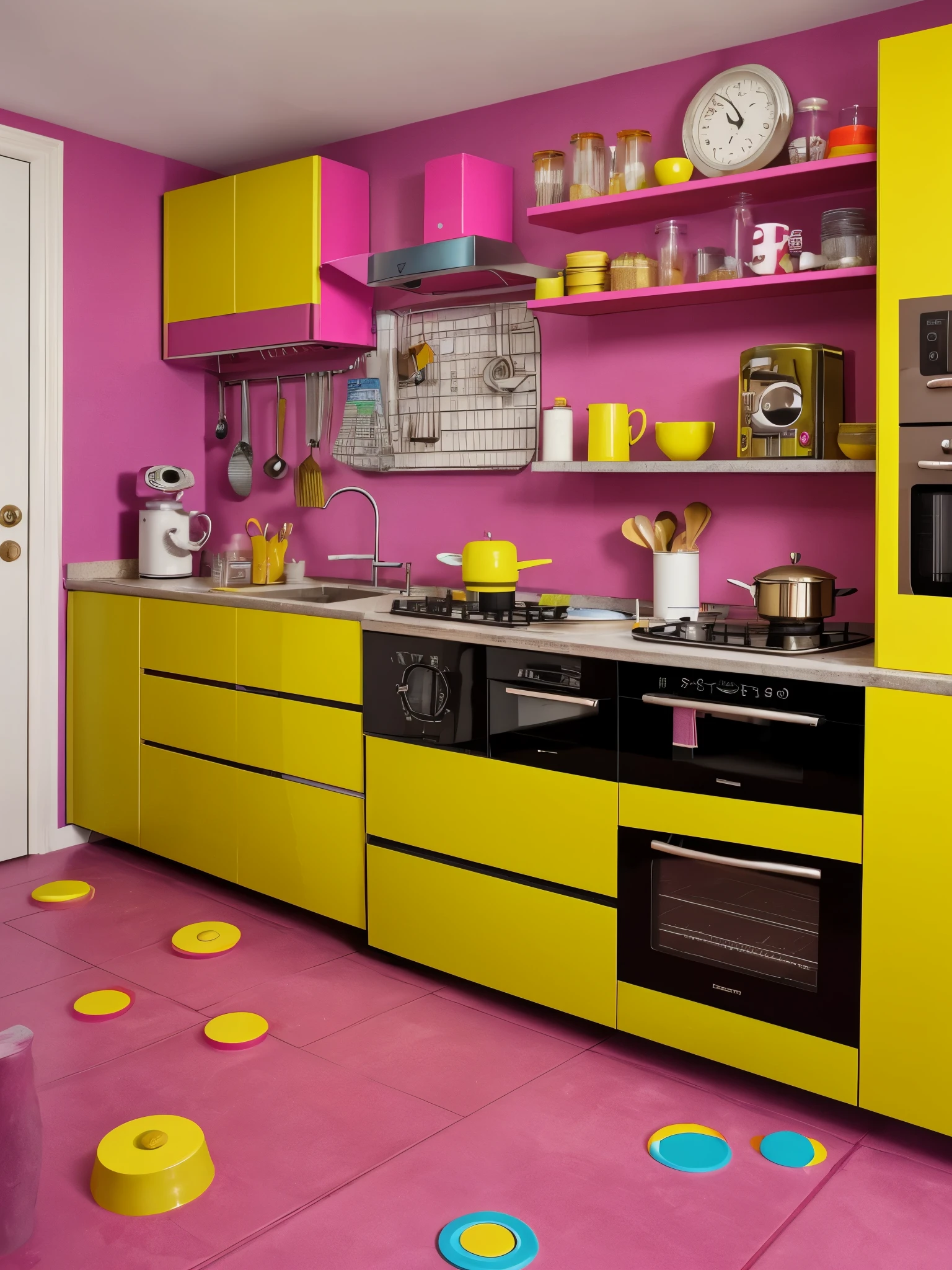 scene design, retro style, The scene design is in a kitchen that is disordered and full of absurdity. The entire space takes on a strange hue of pink and yellow, creating a warm yet incongruous atmosphere.
The kitchen stove is filled with colorful little machines that look like they're from some futuristic science fiction world. These machines are making all kinds of funny grunts and roars, as if they are conducting some incredible cooking experiment.
The floor is littered with all manner of cooking supplies, from giant mixing bowls to tiny foam contraptions, and the whole scene looks like a creative mess.
The walls are covered with strange things