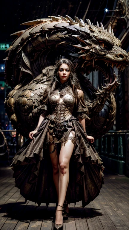 High-resolution ultra detailed photography, A Eurasian woman with tall height and feminine body figure rides a biomechanical dragon in full body pose, woman's clothing in steampunk style with lots of details and accessories, full body pose looking forward into the camera, ambience background at night with magical Lights, body and face realistically depicted in ultra detail, Clothing Maxi skirt with lace, Model woman rides a biomechanical dragon