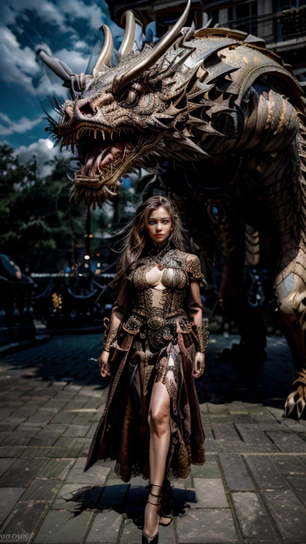 High-resolution ultra detailed photography, A Eurasian woman with tall height and feminine body figure rides a biomechanical dragon in full body pose, woman's clothing in steampunk style with lots of details and accessories, full body pose looking forward into the camera, ambience background at night with magical Lights, body and face realistically depicted in ultra detail, Clothing Maxi skirt with lace, Model woman rides a biomechanical dragon