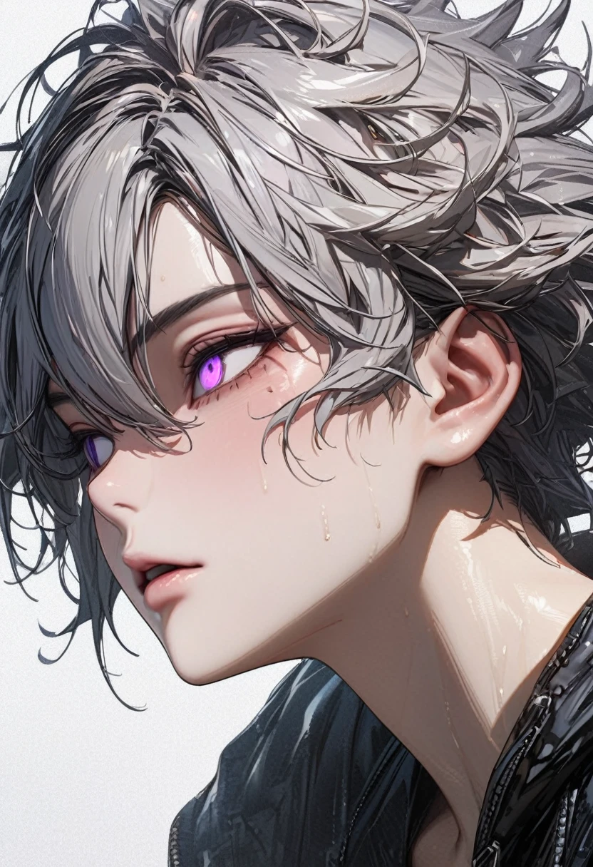 Young strong man, strong body, solo, silver hair, hair between eyes, messy hair, blank eyes, purple eyes, unconscious, close-up, from side, high detail, UHD, masterpiece, 16k, highres, best quality, high quality, high details, super detail