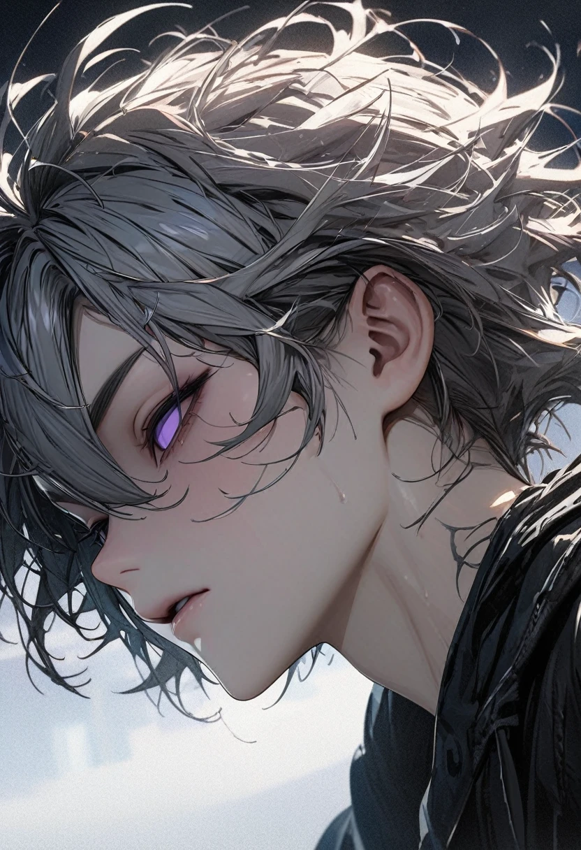 Young strong man, strong body, solo, silver hair, hair between eyes, messy hair, blank eyes, purple eyes, unconscious, close-up, from side, high detail, UHD, masterpiece, 16k, highres, best quality, high quality, high details, super detail
