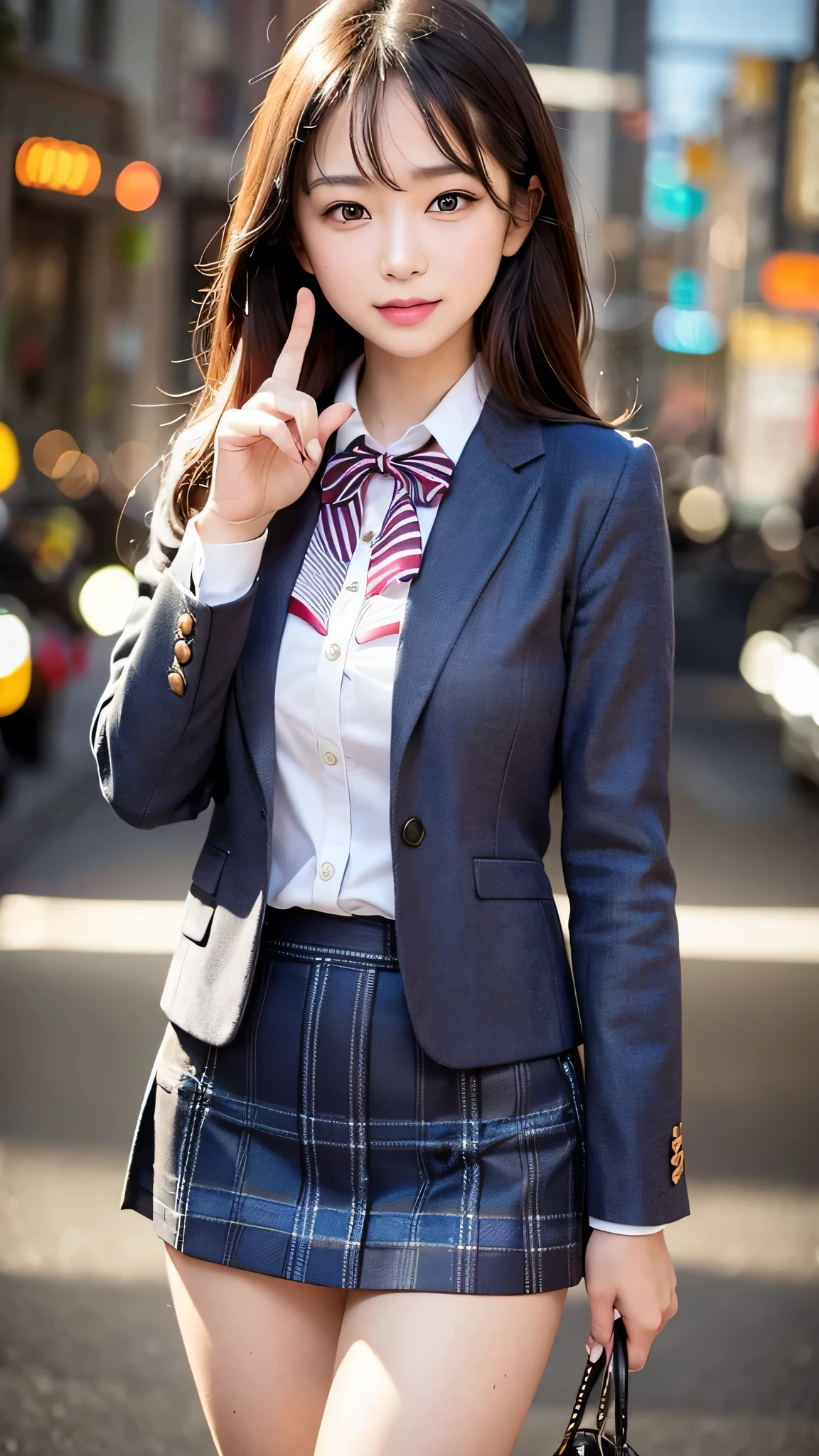 最high quality, masterpiece, 1 girl, Beautiful Face, (Photorealistic photography:1.3), Rim Light, (Skin with attention to detail:1.2), 8k UHD, Digital SLR, high quality, High resolution, 4K, 8k, Bokeh, Disorganized, The optimal ratio is four fingers to one thumb, (Genuine:1.3), Small face, pretty girl, Black Formal Blazer, Mid-breasted, Short skirt,office