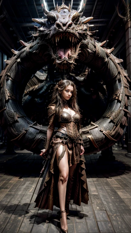 High-resolution ultra detailed photography, A Eurasian woman with tall height and feminine body figure rides a biomechanical dragon in full body pose, woman's clothing in steampunk style with lots of details and accessories, full body pose looking forward into the camera, ambience background at night with magical Lights, body and face realistically depicted in ultra detail, Clothing Maxi skirt with lace, Model woman rides a biomechanical dragon