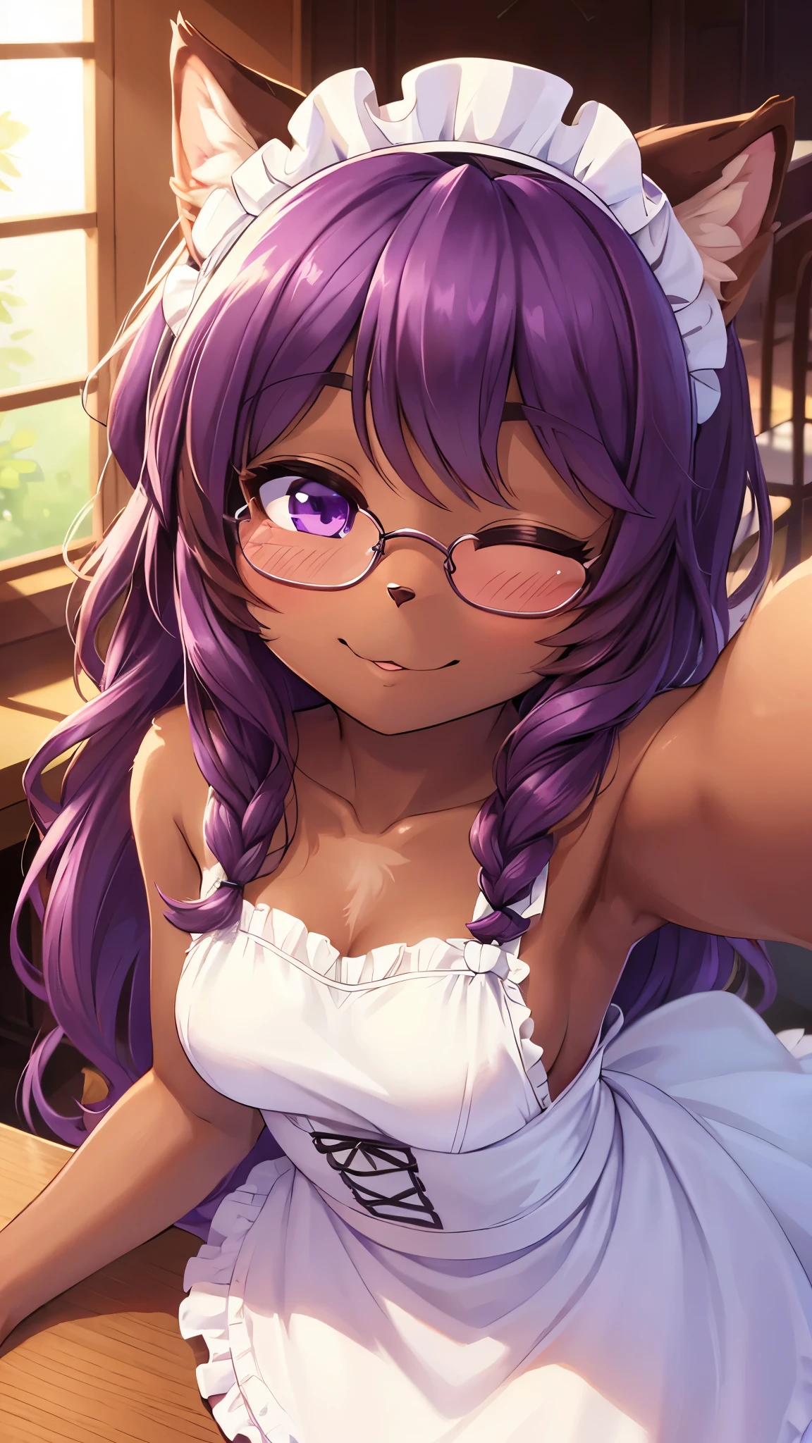 best quality,best resolution,(fluffy anthro furry :1.6),(young :1.8),(brown skin :1.6),cat girl,small breasts,purple hair,long hair,wavy hair,curvy hair,purple eyes,glistering eyes,sparkle eyes,huge circle glasses,maid outfit,maid headdress,maid gloves,ruffles,beautiful cafe,white light,looking at viewer,full face blush,seductive face,smile,close eyes,heart eyes,heart expression eyes,one eyes close,one eye closed,face to face,solo,two hands selfie,close up face,front view