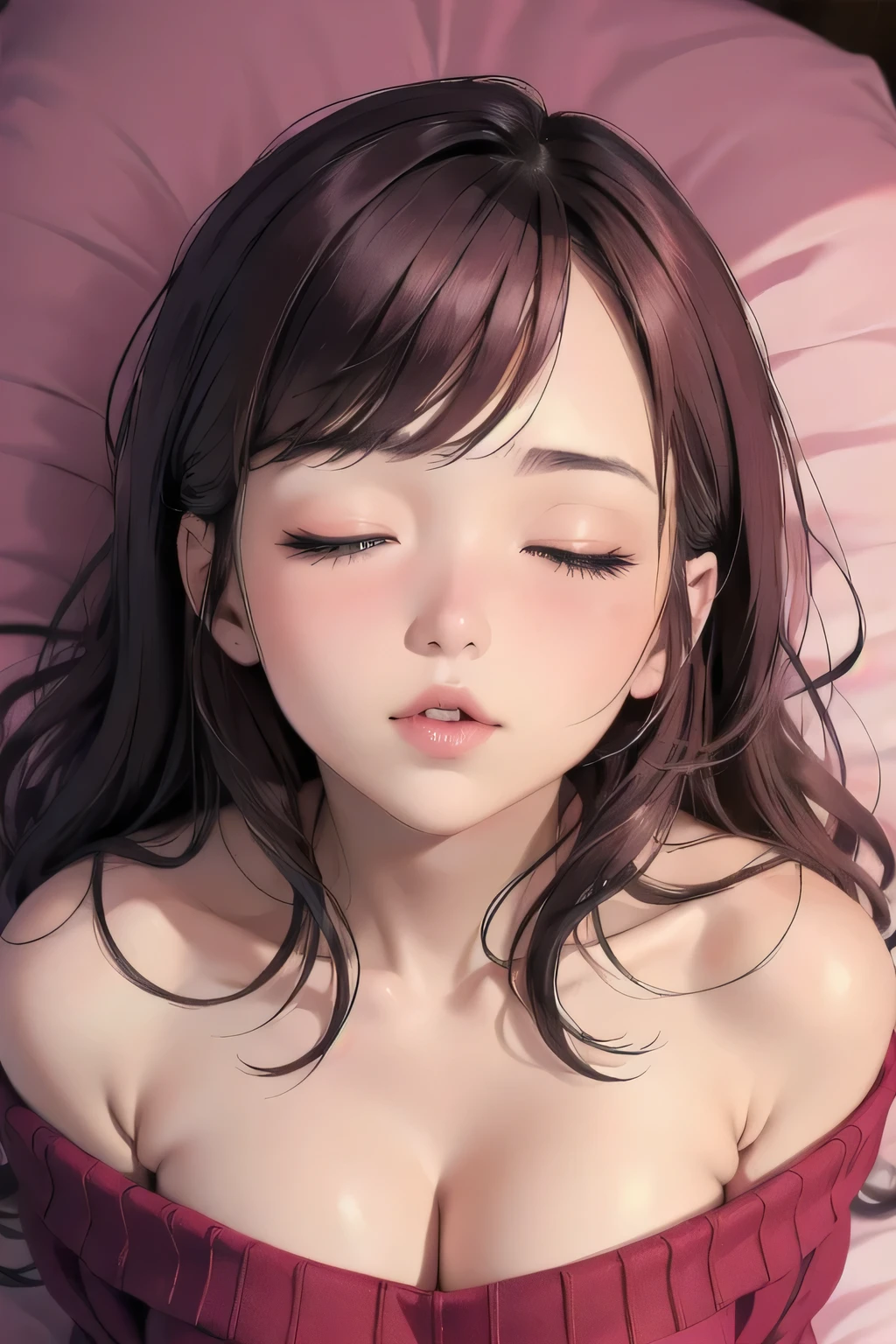 Sexy woman, eyes closed, mouth open, very deep blush, tip of the nose is red, long neck, off shoulder pink sweater, medium chest, visible cleavage, bedroom, warm lighting , lying on bed, head on pillow, facing up 