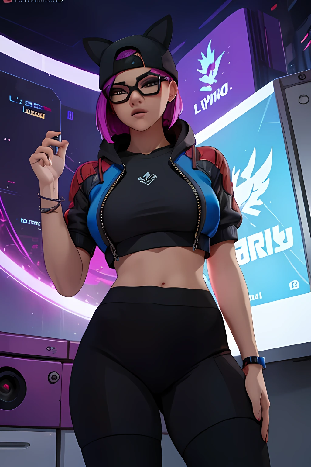 😻 lynx Cyberpunk, Noche, pulsera de picos,gorro , shorts ????? con Azul leggins Negro ,chaqueta azul oscuro ,Extremadamente detallado, rostro detallado, gafas ,hermoso rostro, ojos finos, mirando al espectador, dynamic pose 