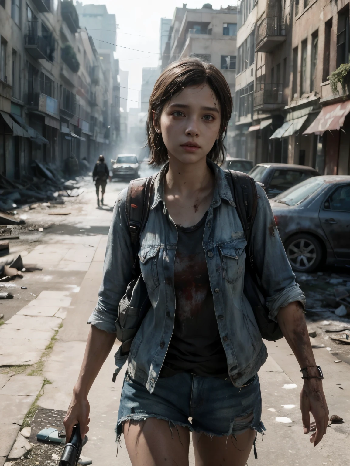 ( best quality,4k,8k,highres,masterpiece:1.2),ultra-detailed,(realistic,photorealistic,photo-realistic:1.37), A woman, 23 years old, She's facing the viewer, black eyes, smudged makeup, Slim waist, gorgeous slim body, gorgeous face, walks down a destroyed street in a post-apocalyptic city, she wears an old clothes stained with blood, a backpack on her back, cinematic effect in the style of the Last of US. Apocalyptic world, infected by the virus of The Last of US series running after her, woman fleeing from infected zombies, street destroyed, buildings destroyed, complete chaos, (masterpiece, ultra HD, 4K, ultra-detailed style, blurred background f1.2, shot of a canon R7 With 200ml wide-angle lens.) Photo journalism style. .