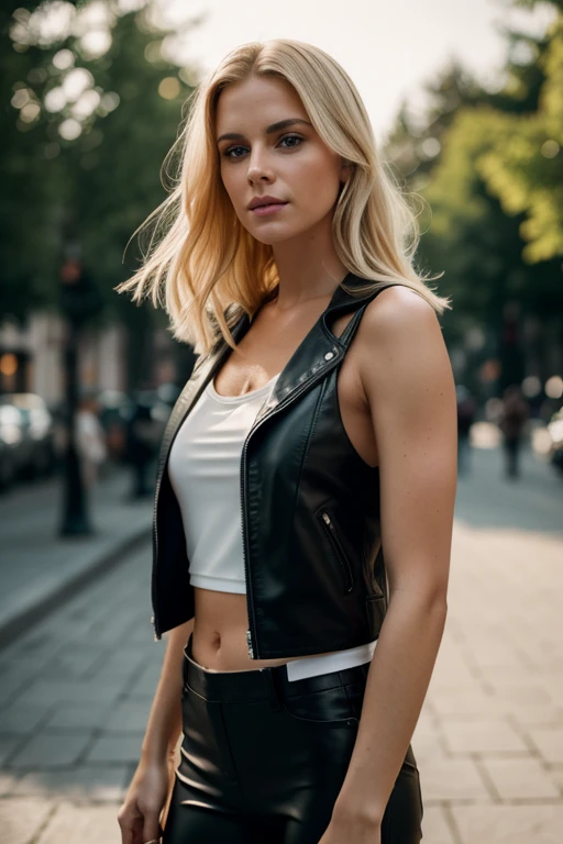 full-length, white bitchy, blonde woman standing in a whistler square ( - ukraine), wearing a leather jacket over a thin, transparent low-cut tank top. She wears matte black leather pants. The woman has a beautiful, toned,  body. The image is realistic, highly detailed. Very high resolution, 8k rendering, The lighting is perfect, the scene is sharp, extreme realism, cinematic image, dslr, ultra quality, sharp focus, tack sharp, dof, film grain, Fujifilm XT3, crystal clear, 8K UHD