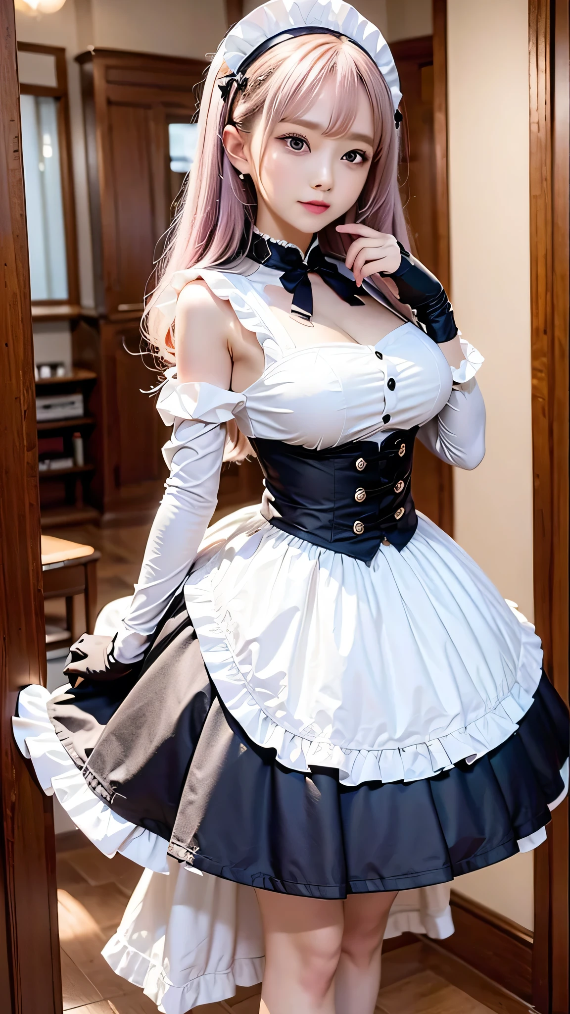 masterpiece, highest quality, figure, Fighting Pose, One girl, Noel Genshin Impact, Silver short hair, Green Eyes, Maid skirt with red side parts, Maid Knight, Maid Knight armor, City Bridge, water,
