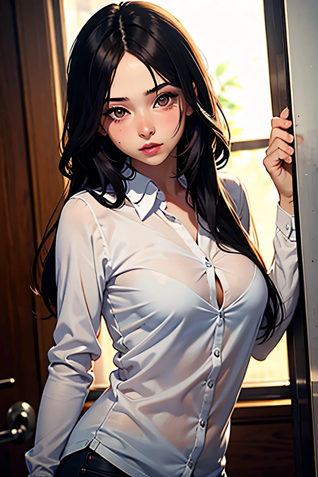 masterpiece, realistic eyes, best quality, bamboo, closed mouth, beautiful lighting, cinematic, 8k, 1girl, facial, wet face, liner, wooden walls, medium tits, white shirt, shorts, wide hips, condom with cum, condom on the face, kamado nezuko, pink eyes,