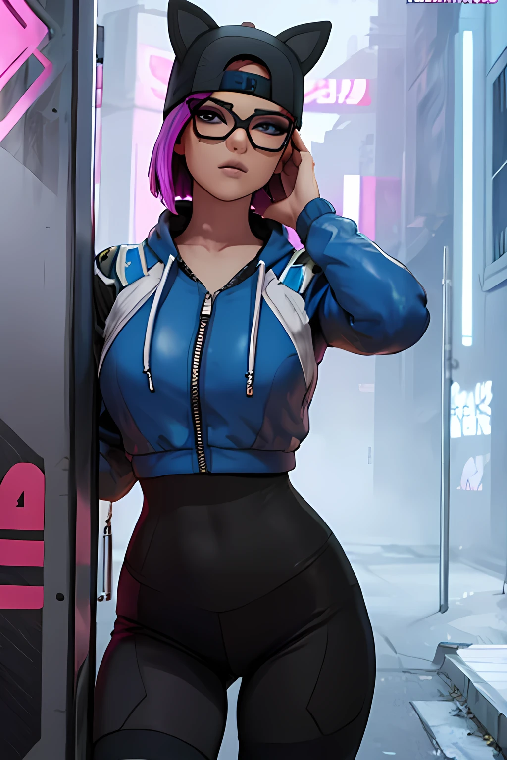 cyberpunk line , gorra , shorts negro con leggins Azul Marino, chaqueta azul marino ,Extremadamente detallado, rostro detallado, gafas ,hermoso rostro, ojos finos, mirando al espectador, pose femenino, Noche 