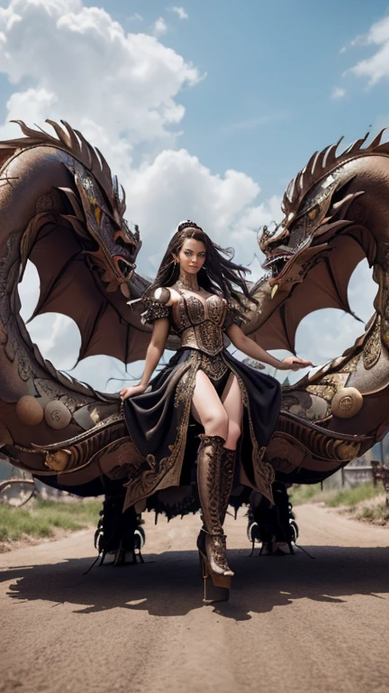 High-resolution ultra detailed photography, A Eurasian woman with tall height and feminine body figure rides a biomechanical dragon in full body pose, woman's clothing in steampunk style with lots of details and accessories, full body pose looking forward into the camera, ambience background at night with magical Lights, body and face realistically depicted in ultra detail, Clothing Maxi skirt with lace, Model woman rides a biomechanical dragon