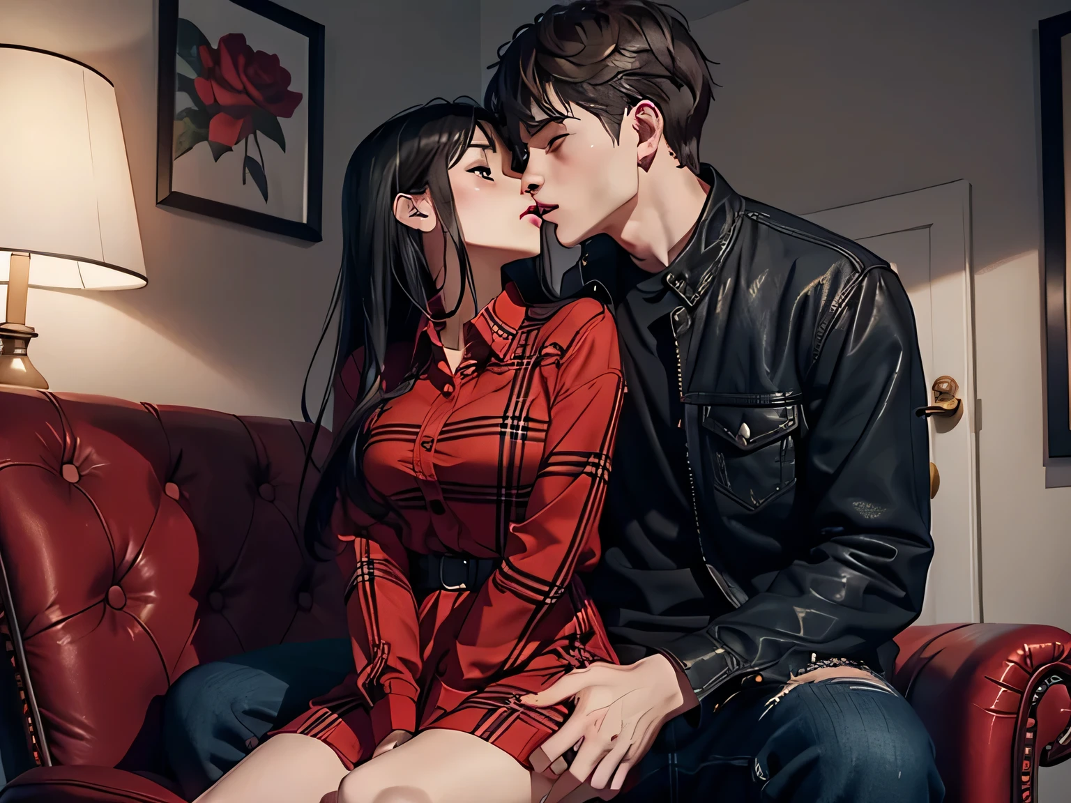 Young sexy girl wearing a red dress sitting on lap of young boy wearing a red and black flannel shirt and jeans who is sitting on a chair, kissing, making out, passionately, dim lighting, sexy, hot, lustful