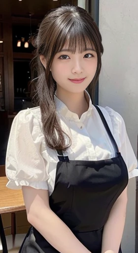 (Highest quality, 8K, masterpiece: 1.3), Beautiful woman with perfect figure: 1.4, Dark brown hair, Wearing a pendant, Wearing an apron, In the kitchen, Highly detailed face and skin, Fine grain, double eyelid, Big Breasts, smile