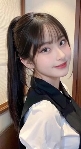 (highest quality,masterpiece:1.3,Ultra-high resolution,),(Very detailed,Caustics),(Photorealistic:1.4,RAW shooting,)Ultra-Realistic Capture,Very detailed,High resolution 16K human skin closeup。 Natural skin texture、,Pores、、、It must be detailed enough to be easily identifiable。 Skin tone is even and healthy looking。 Use natural light and color,restaurant,Waitress Uniform,1 girl,Japanese,18-year-old,cute,Black-haired,ponytail, Huge breasts:2.0,smile,Turn your body forward,(Front view:1.1),Looking at the camera,Cowboy Shot,