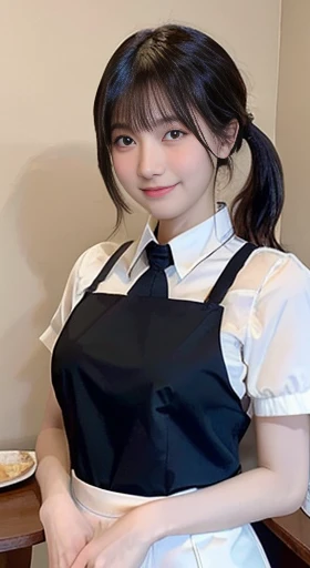 (highest quality,masterpiece:1.3,Ultra-high resolution,),(Very detailed,Caustics),(Photorealistic:1.4,RAW shooting,)Ultra-Realistic Capture,Very detailed,High resolution 16K human skin closeup。 Natural skin texture、,Pores、、、It must be detailed enough to be easily identifiable。 Skin tone is even and healthy looking。 Use natural light and color,restaurant,Waitress Uniform,1 girl,Japanese,18-year-old,cute,Black-haired,ponytail, Huge breasts:2.0,smile,Turn your body forward,(Front view:1.1),Looking at the camera,Cowboy Shot,